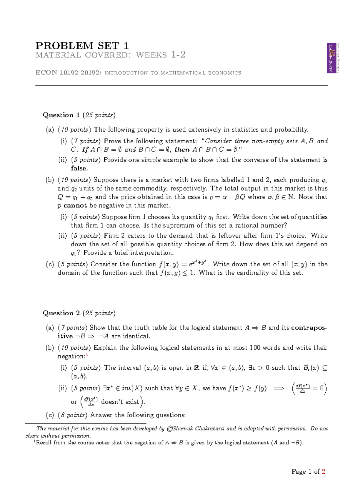 Problem Set 1: Intro to Mathematical Economics (Econ) - Studocu