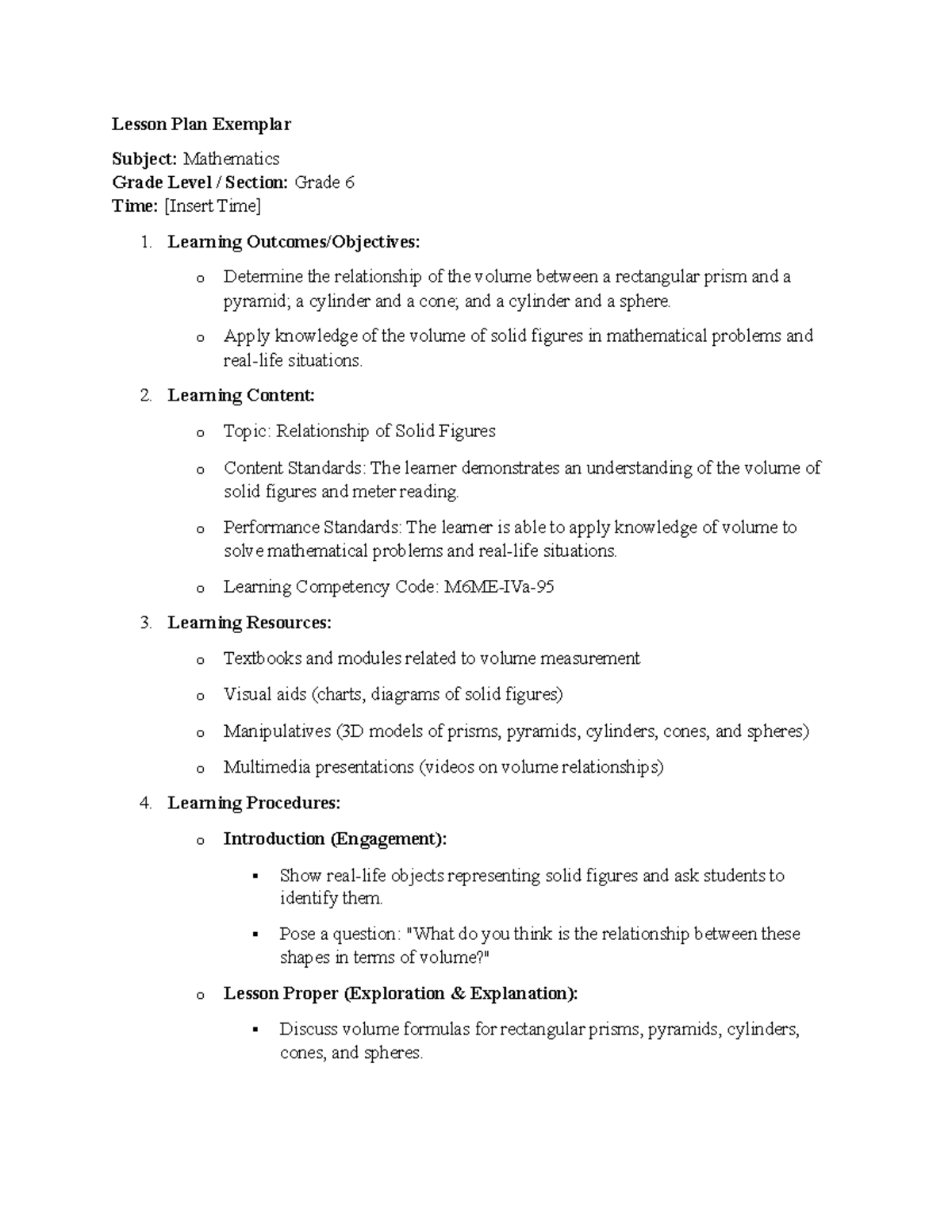 Grade 6 mathematics lesson plan on volume relationships of solid ...