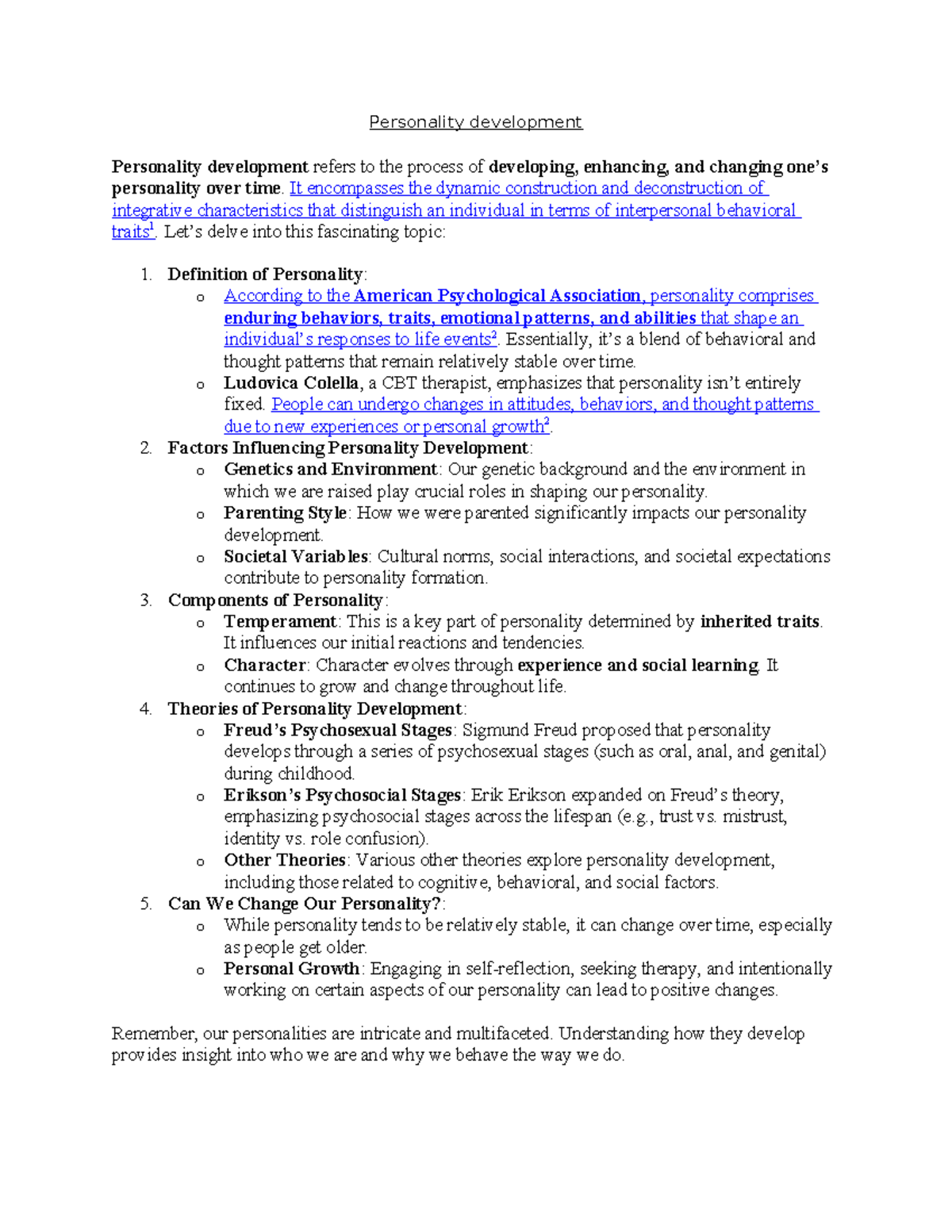 Personality Development: Factors, Theories, and Change Insights - Studocu
