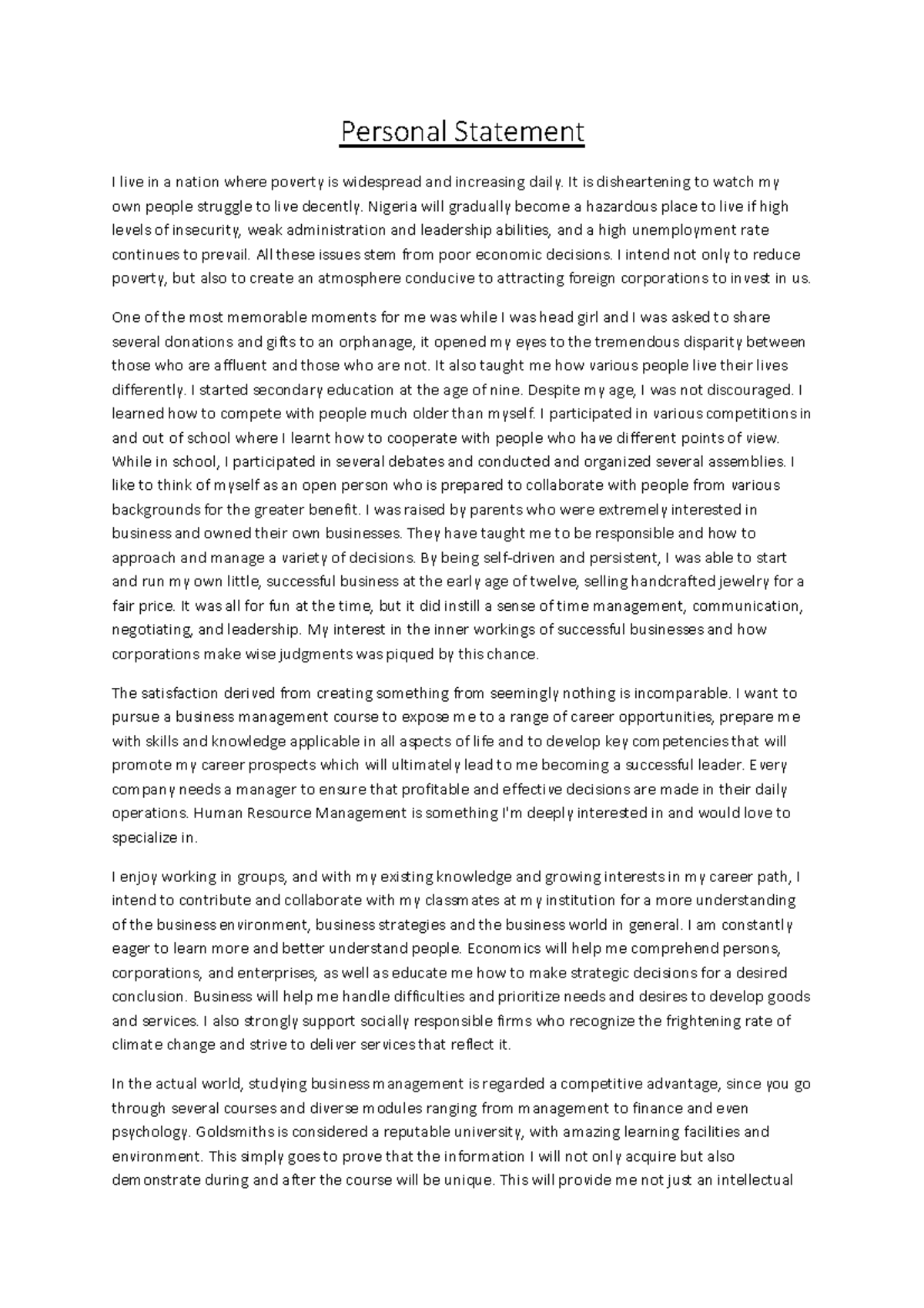 Personal Statement for Business Management - UCAS Application - Studocu