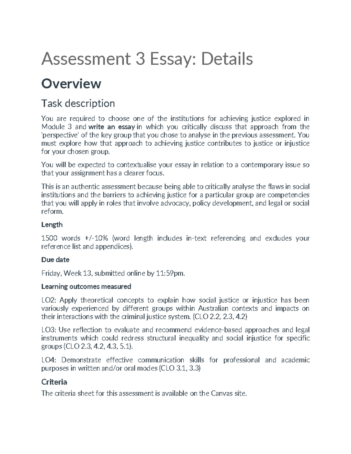 Assessment 3 Essay: Justice Institutions Analysis for Module 3 - Studocu