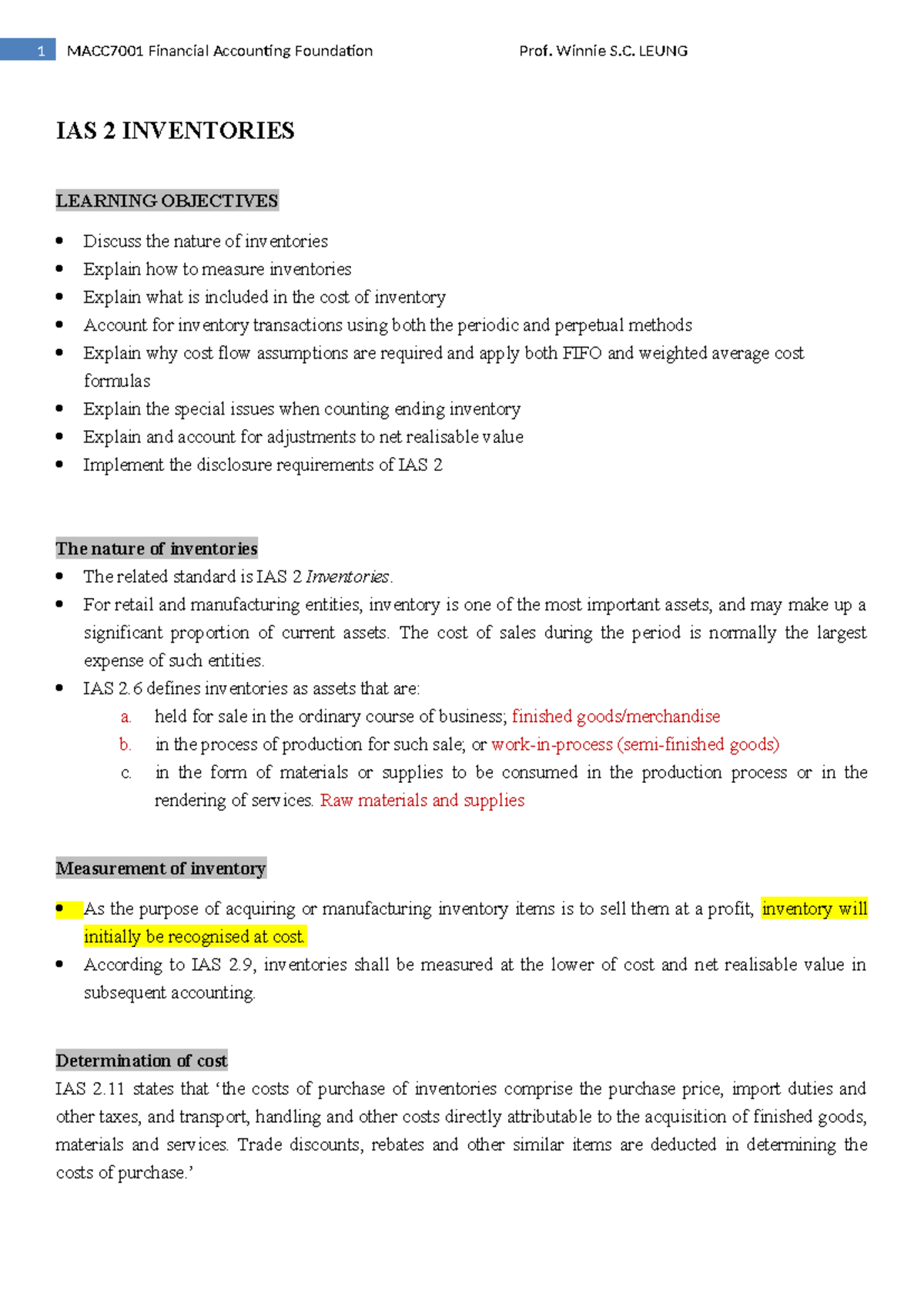 MACC7001 Financial Accounting Foundation: IAS 2 Inventories Overview ...