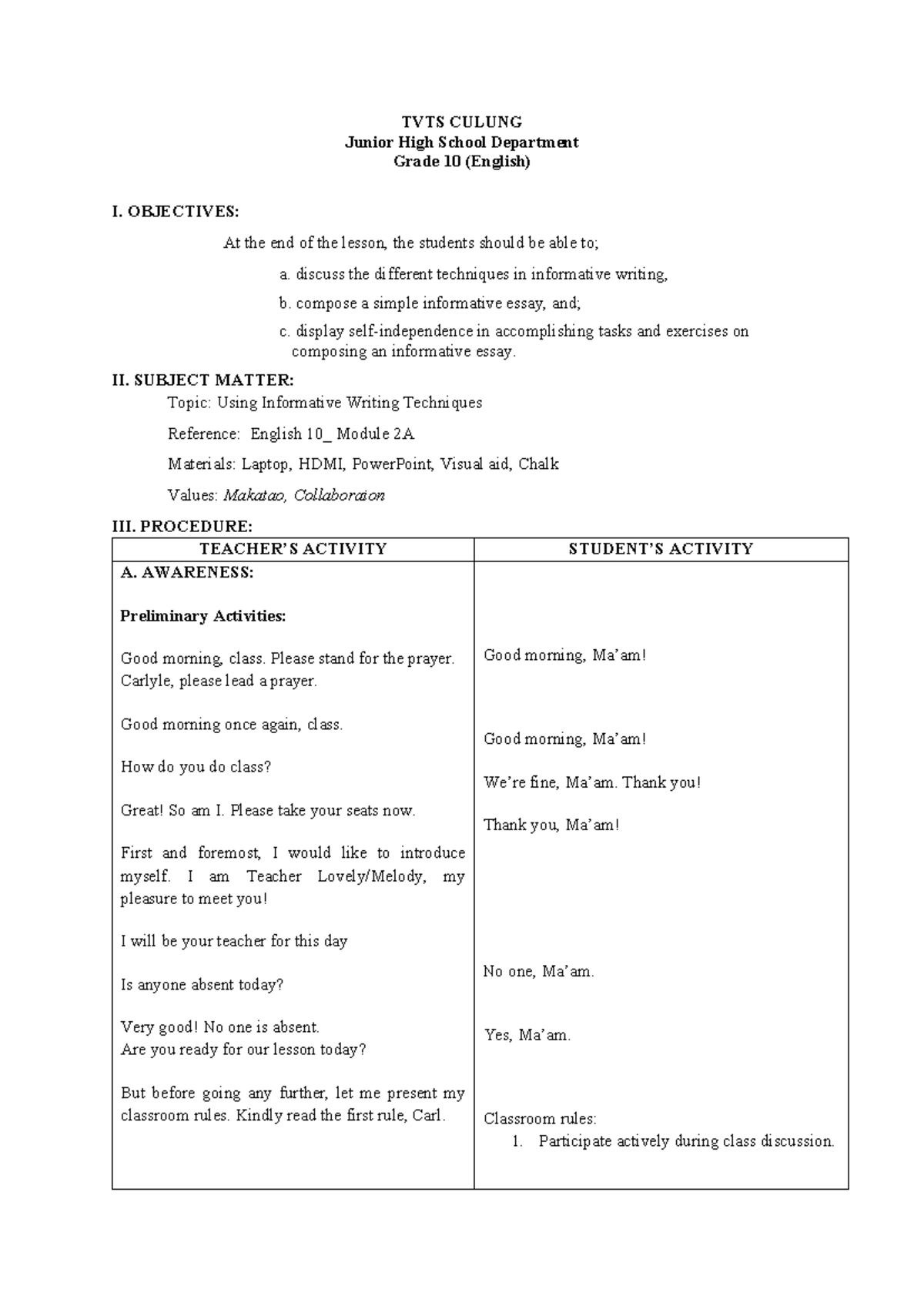 Using Informative Writing Techniques: English 10 M2 Lesson Plan - Studocu