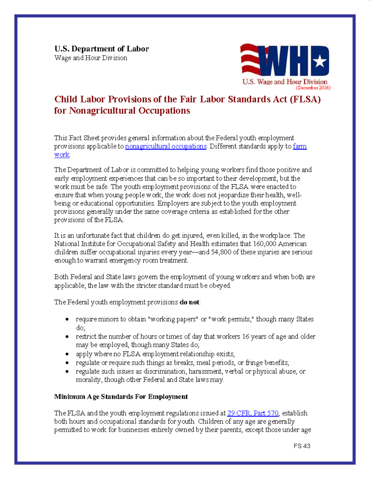 FS 43 - Child Labor Provisions under the Fair Labor Standards Act - Studocu