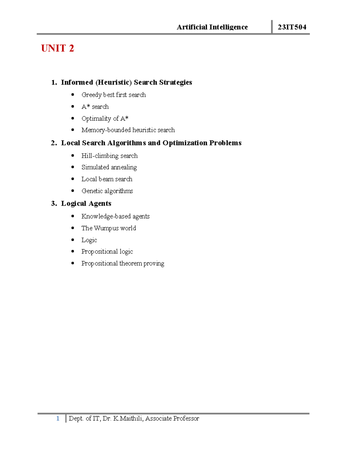 AI 23IT504 Unit 2: Informed Search Strategies & Local Search Algorithms ...