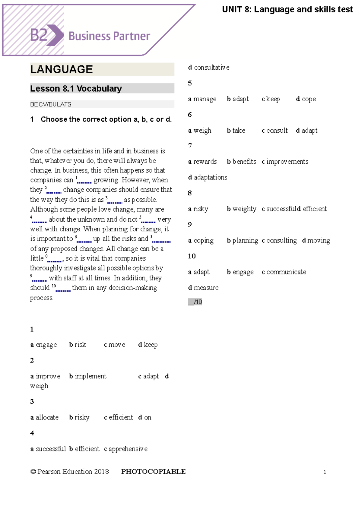 BP B2 Vocabulary & Grammar Tests - Unit 8 - tiếng anh - Studocu