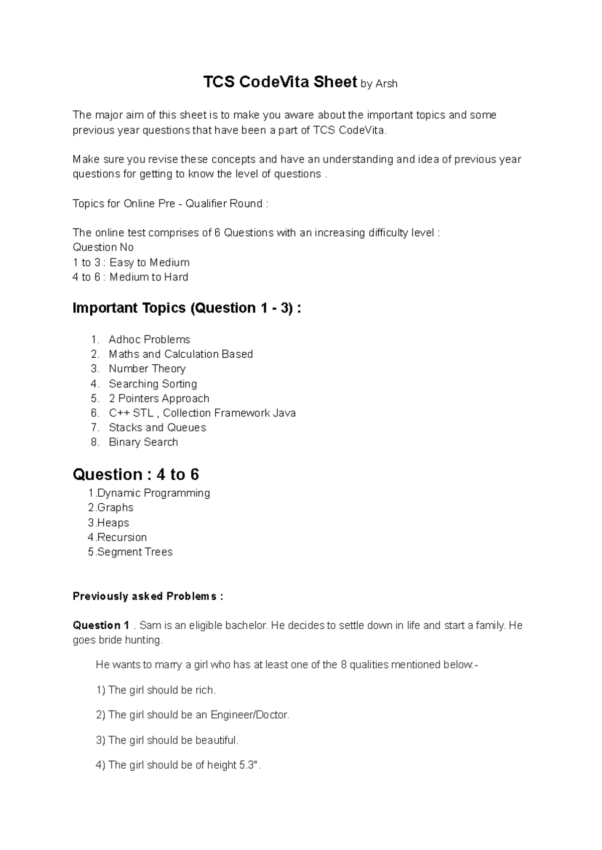TCS CodeVita Prep Sheet: Key Topics & Past Questions - Studocu