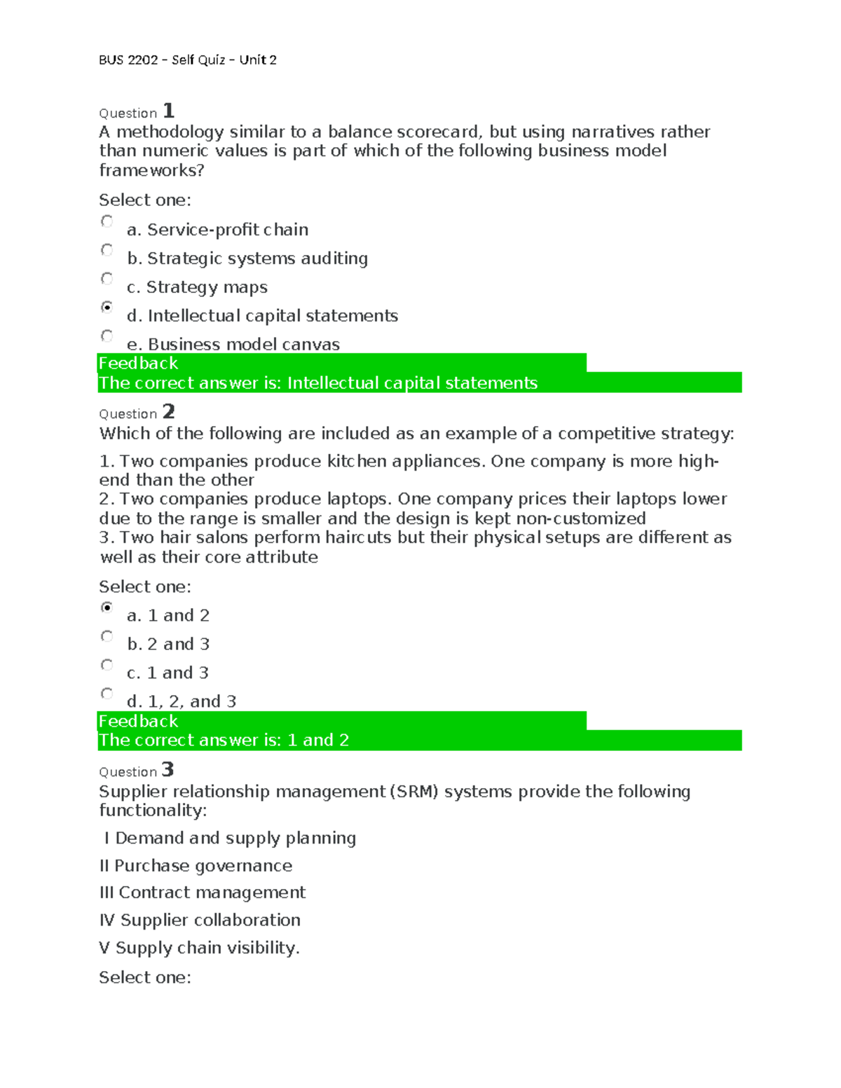 BUS 2202 – Self Quiz for Unit 2: Business Model Frameworks - Studocu
