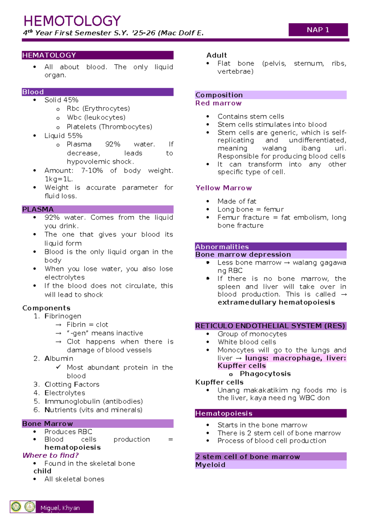 NAP 1 Hematology - Comprehensive Study Guide for 4th Year S.Y. - Studocu