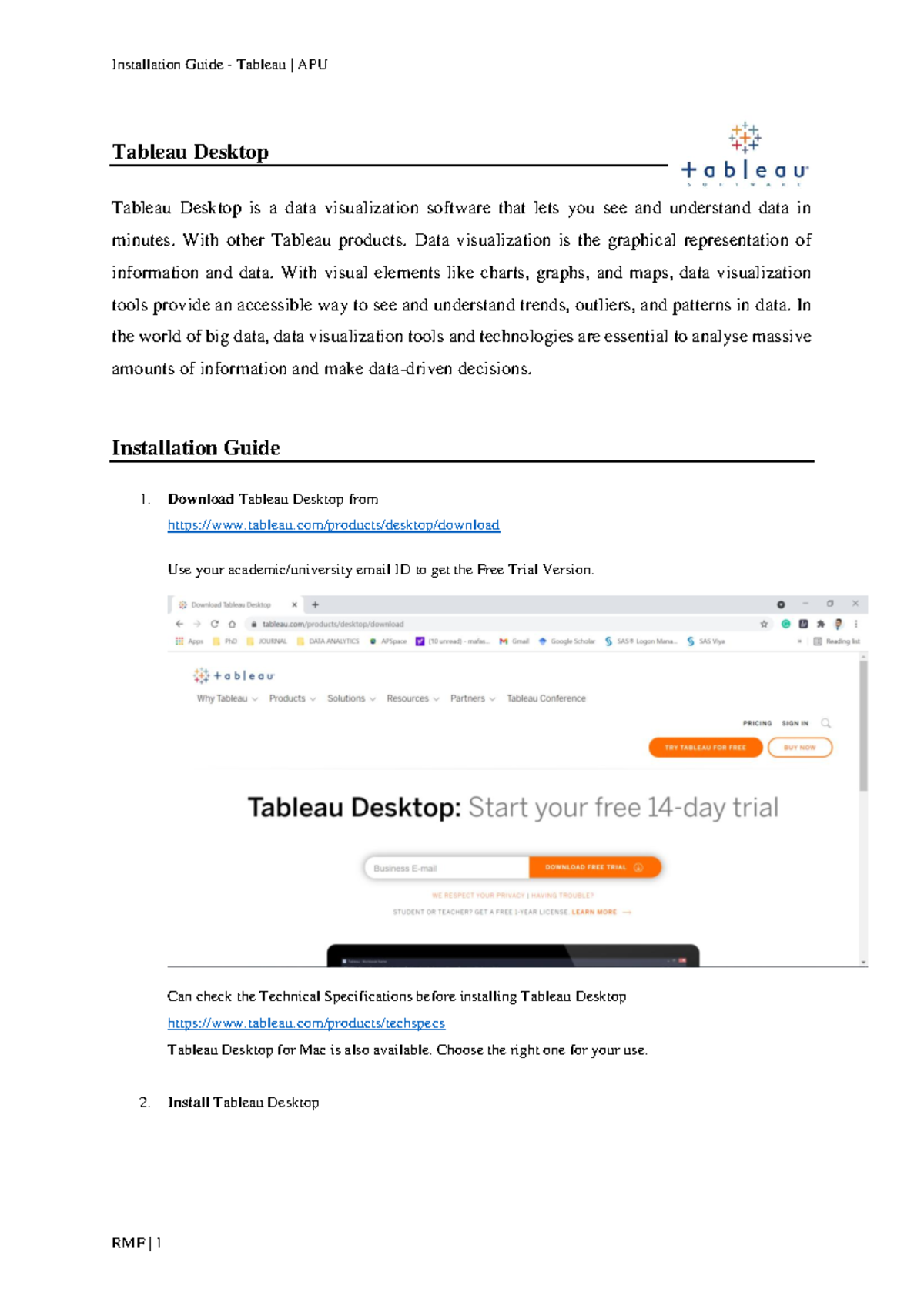 Installation Guide: Tableau Desktop APU - Studocu