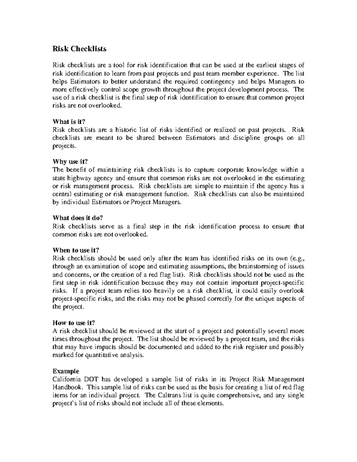 Risk-checklist - lecture notes - Risk Checklists Risk checklists are a ...