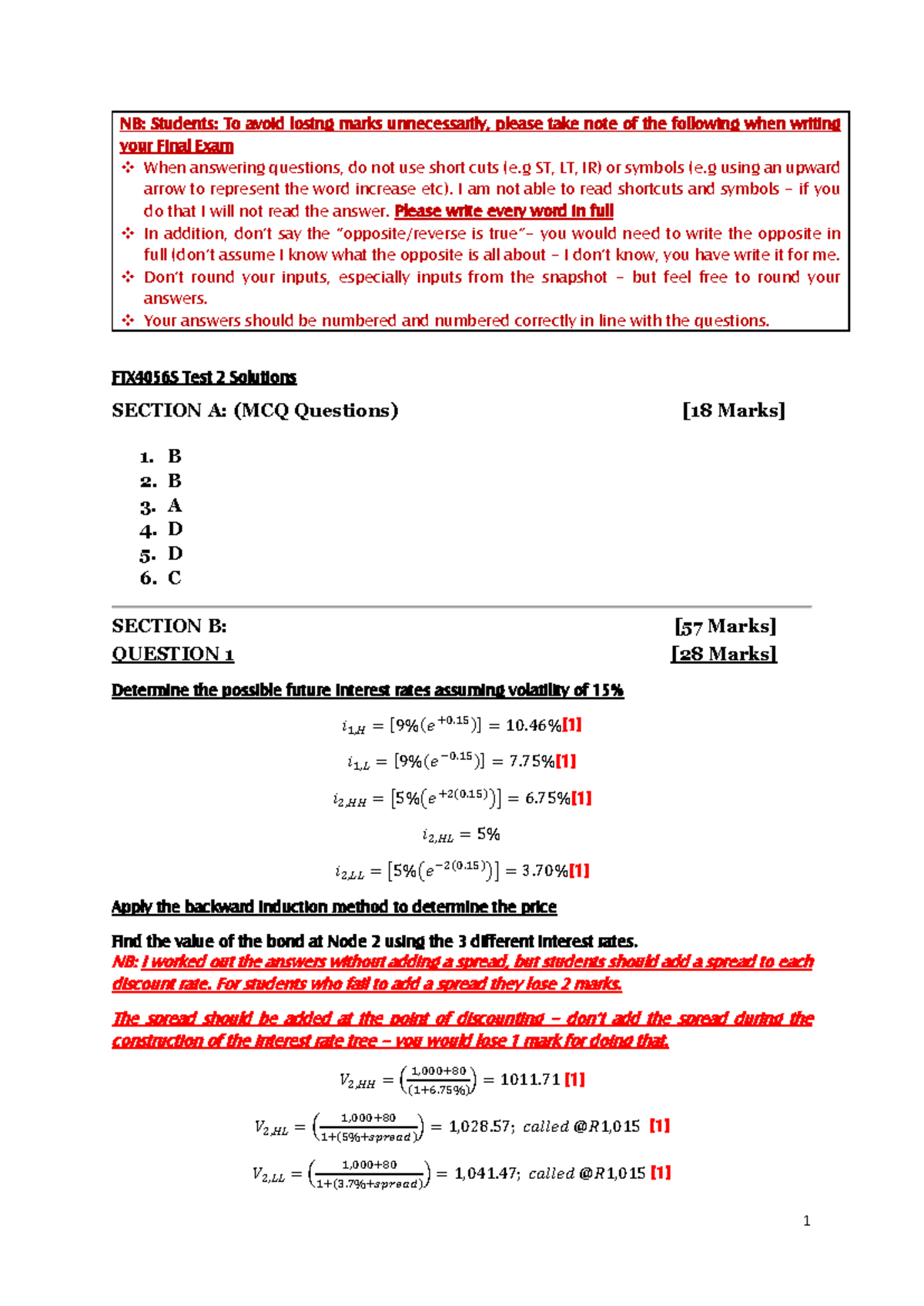 FTX4056S Test II Solutions: Fixed Income Securities Guidelines ...