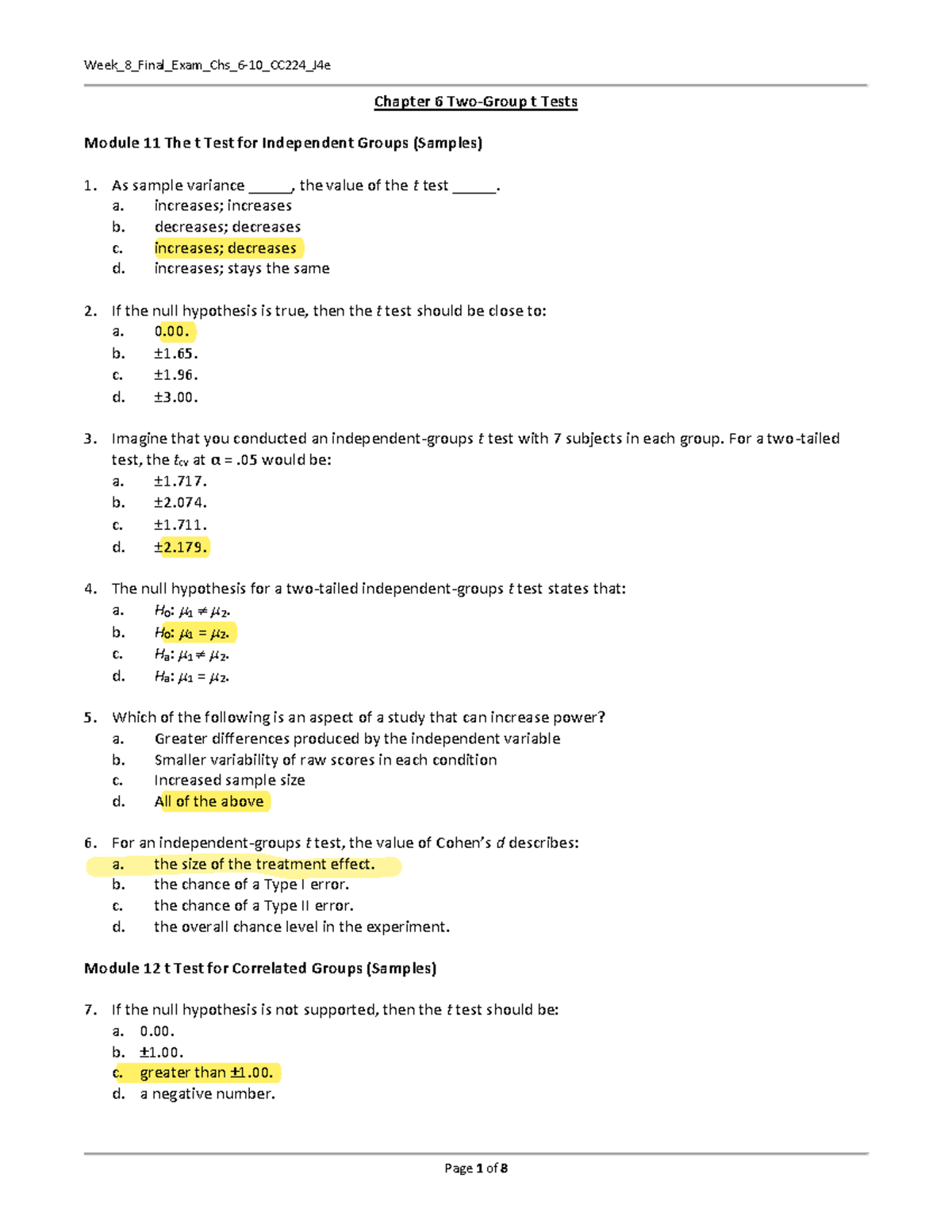 Final Test - Chapter 6 Two-Group t Tests Module 11 The t Test for ...