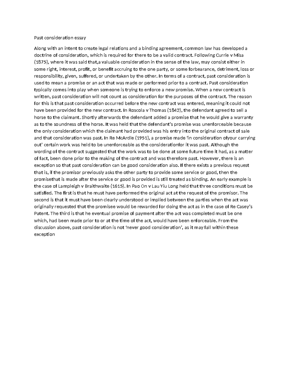 LAW101: Past Consideration in Contract Law - An Analytical Essay - Studocu