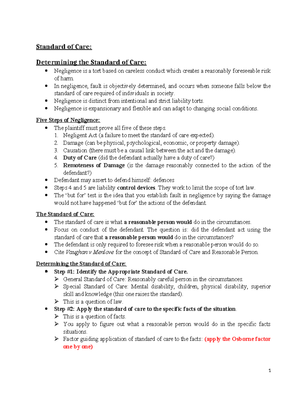 Torts Notes: Understanding the Standard of Care in Negligence - Studocu