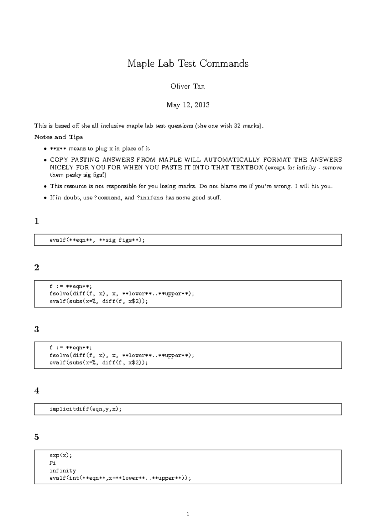 Maple Lab Test Commands - Solutions Overview and Tips - Studocu