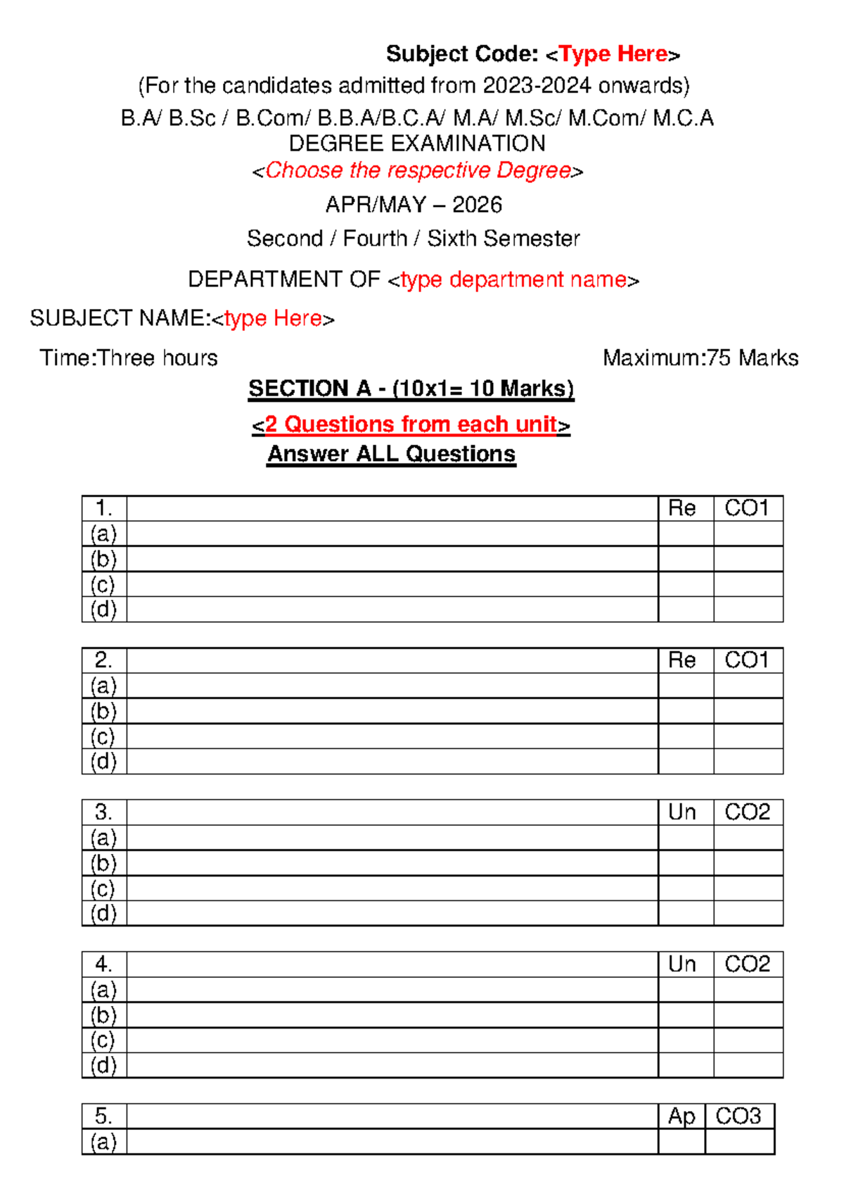 B.Sc M.C.A 2026 Sem II, IV, VI Exam QP Template & Notes - Studocu