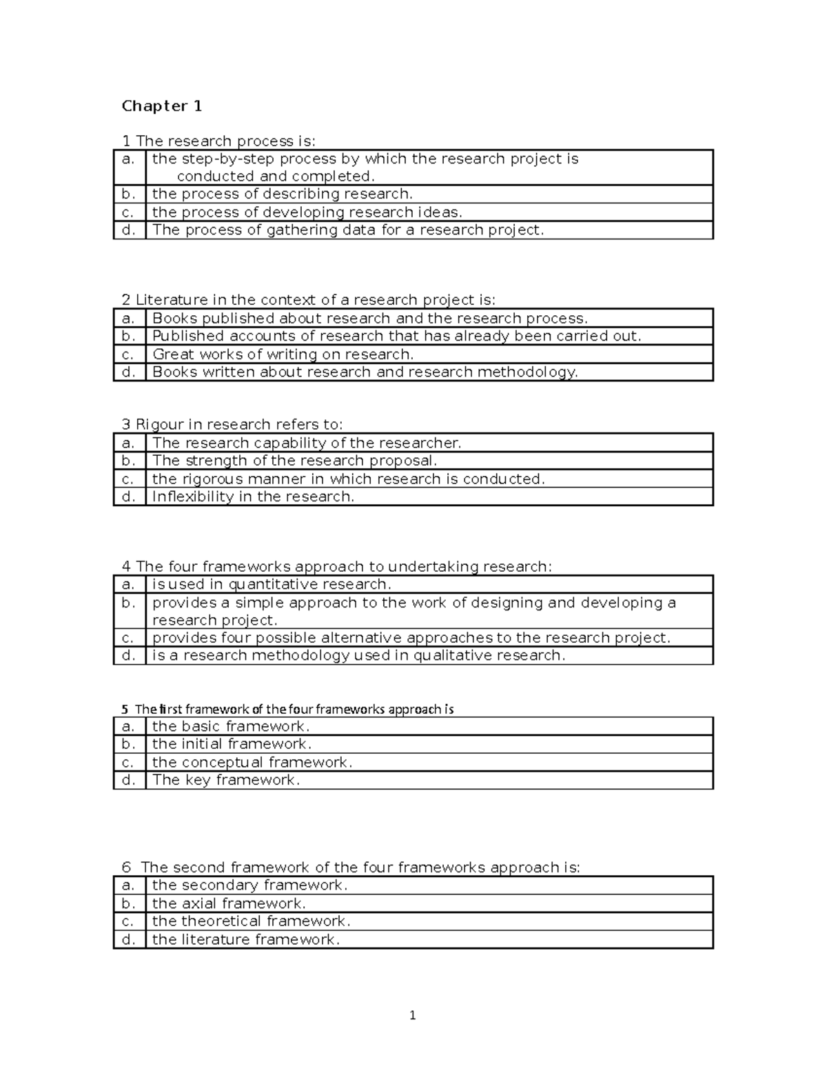 Test 2017, questions - Chapter 1 1 The research process is: a. the step ...