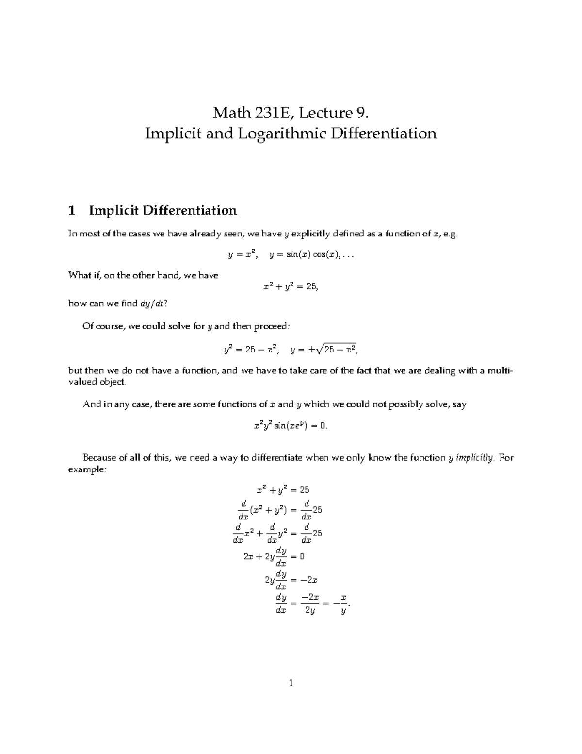 Math 231E: Lecture 9 - Implicit & Logarithmic Differentiation - Studocu