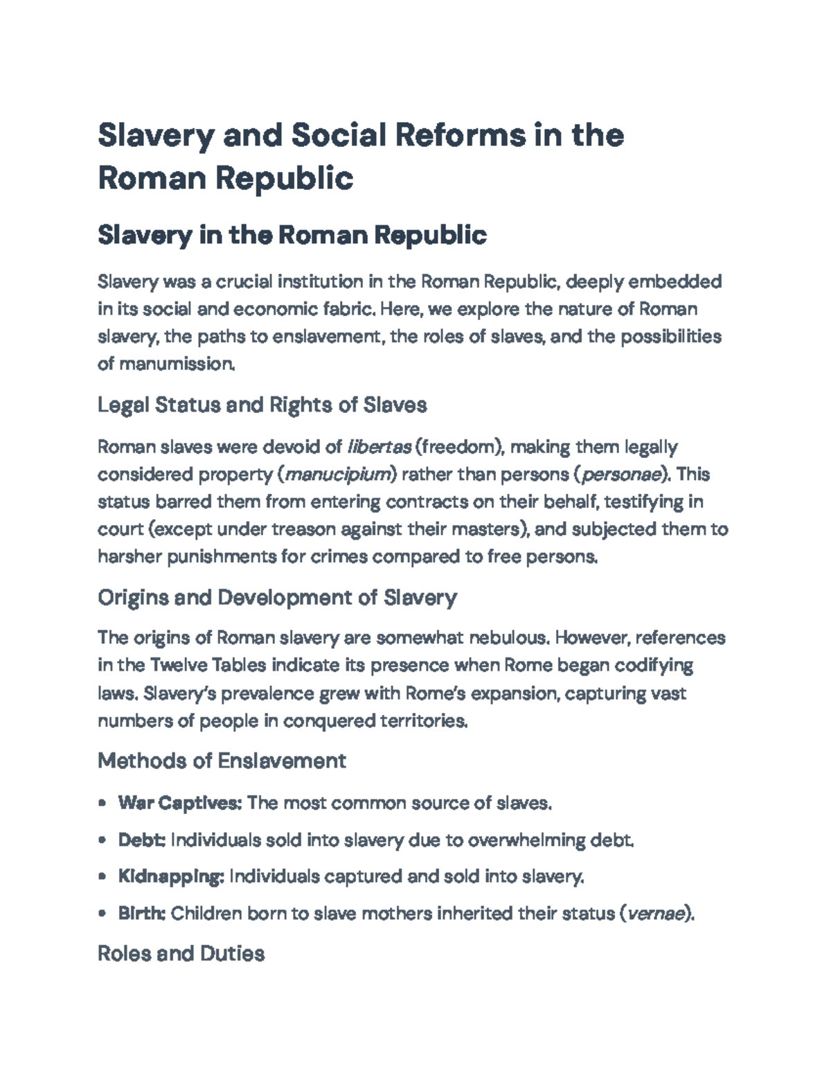 Slavery and Social Reforms in the Roman Republic: Key Insights ...