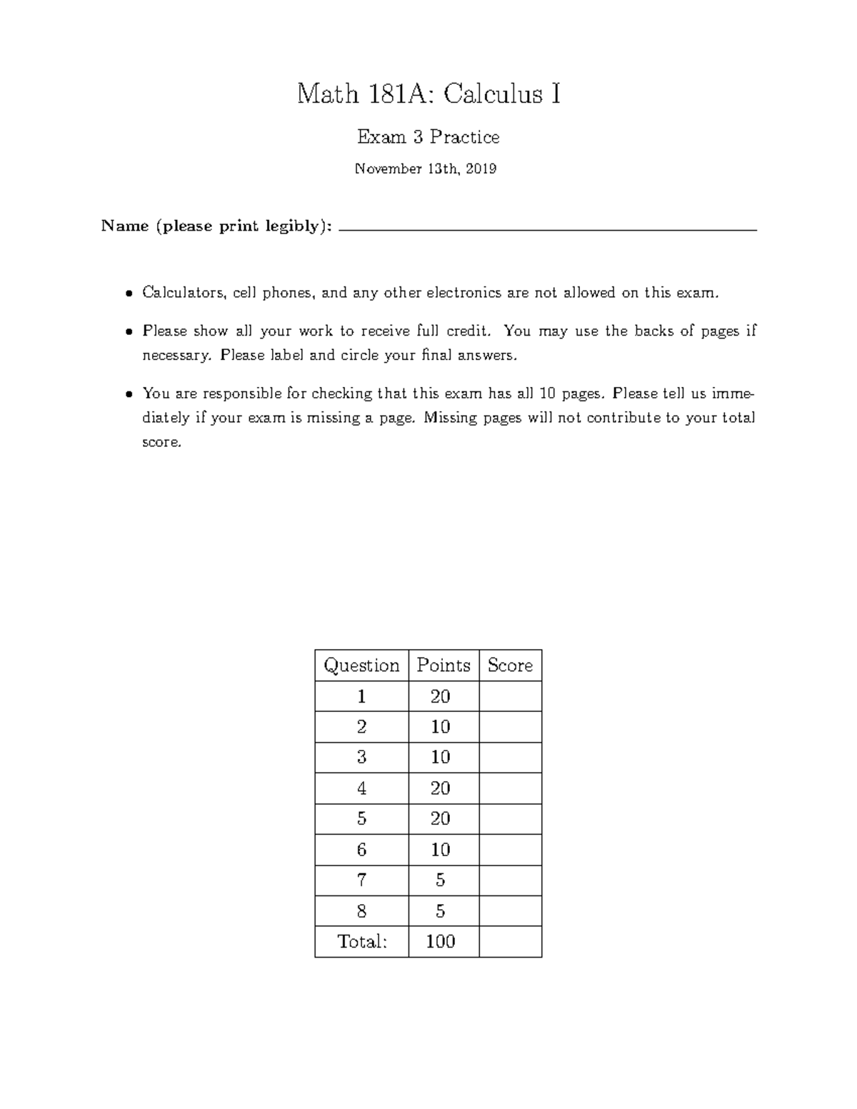 Exam3 practice - Math 181A: Calculus I Exam 3 Practice November 13th ...