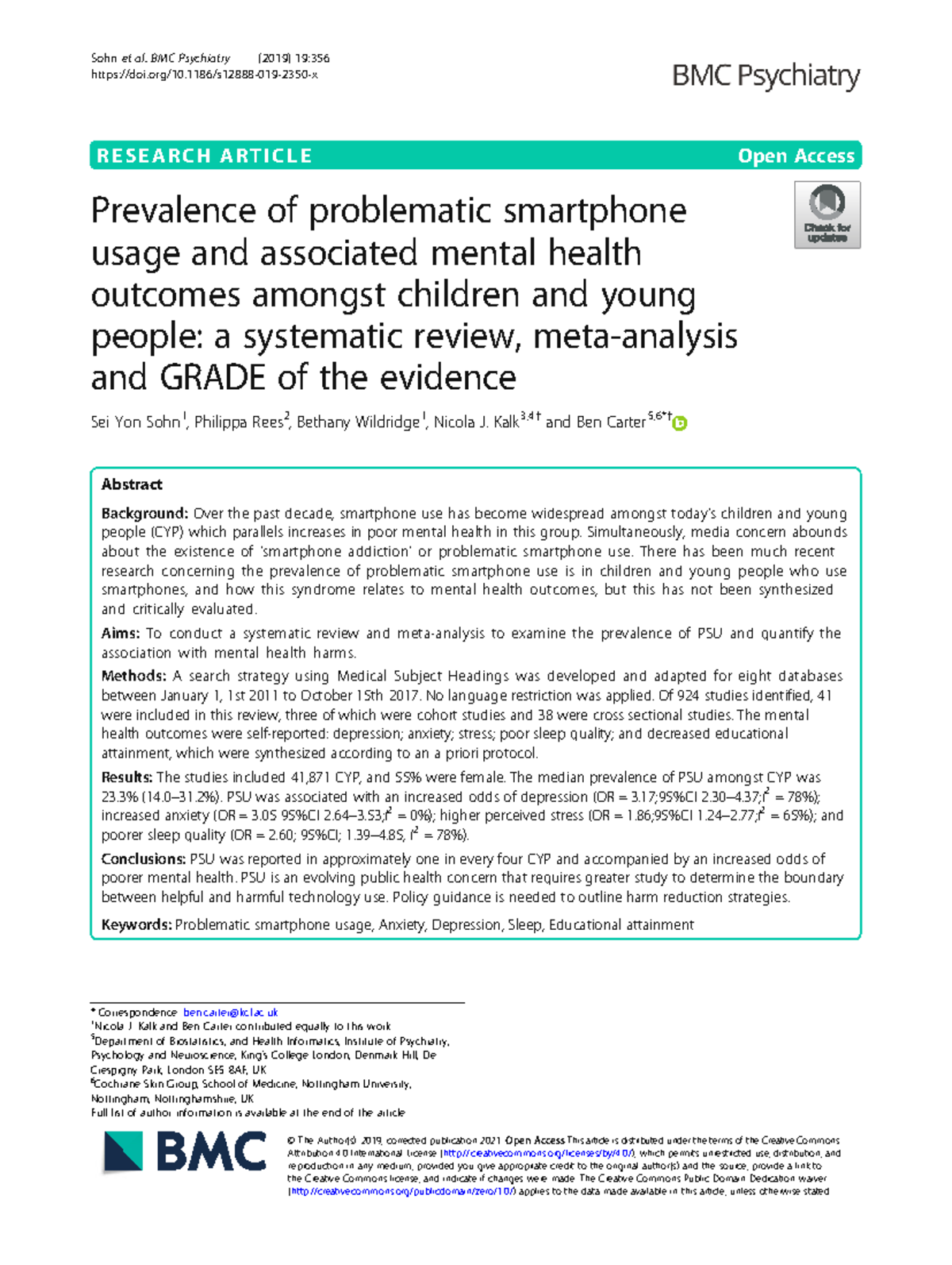Prevalence of Problematic Smartphone Use & Mental Health in CYP: A ...