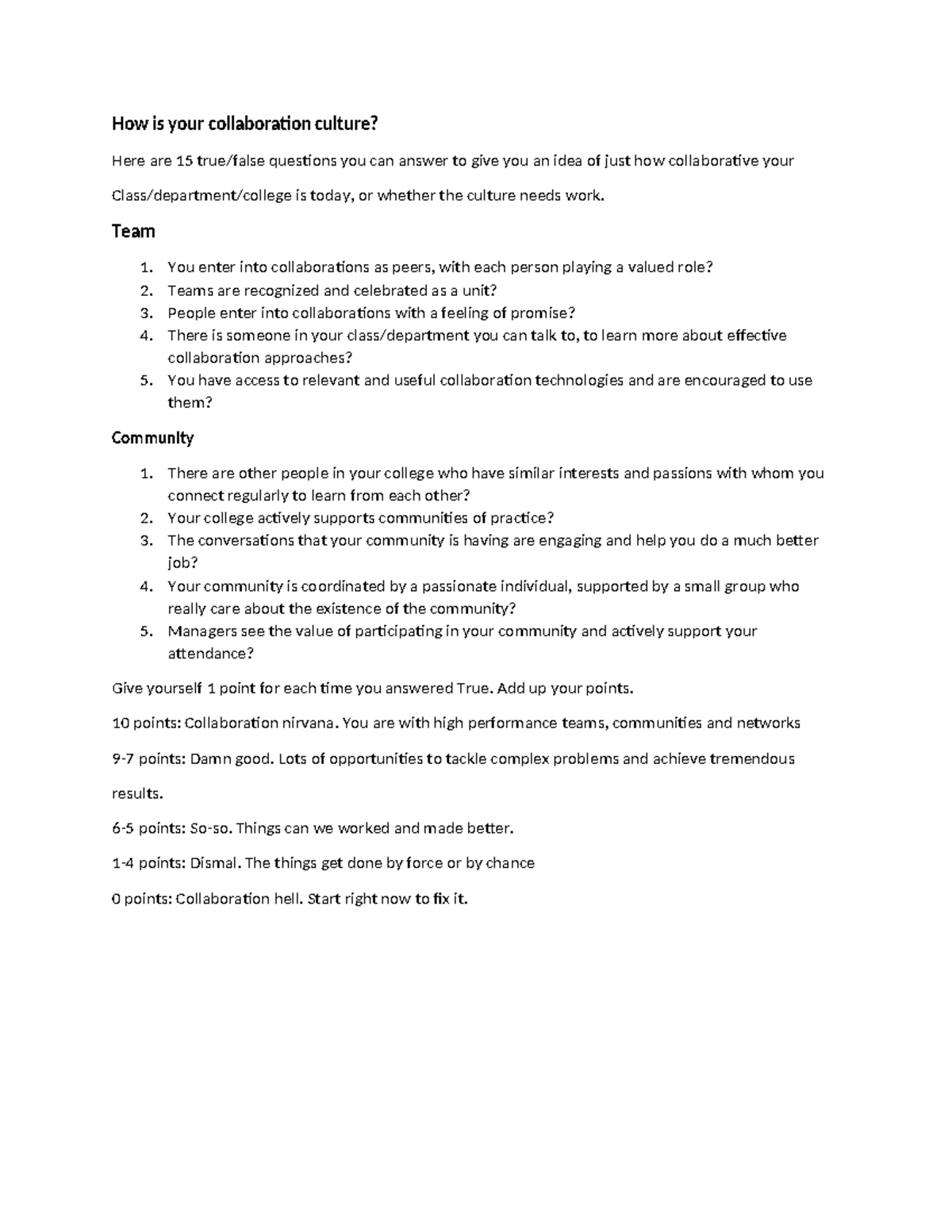 Collaboration Culture Assessment: 15 Questions for Your Class/Dept ...