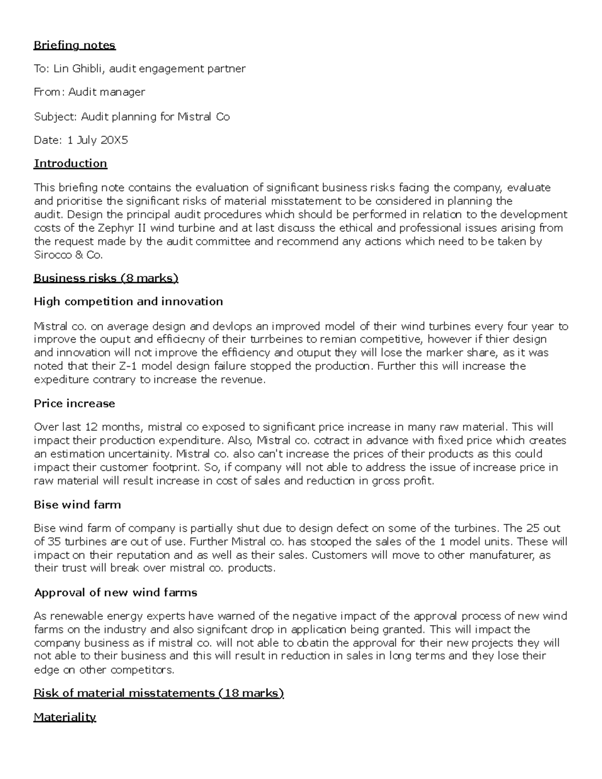 Audit Planning Briefing Notes for Mistral Co. - ACCA P1 Mock 3 - Studocu