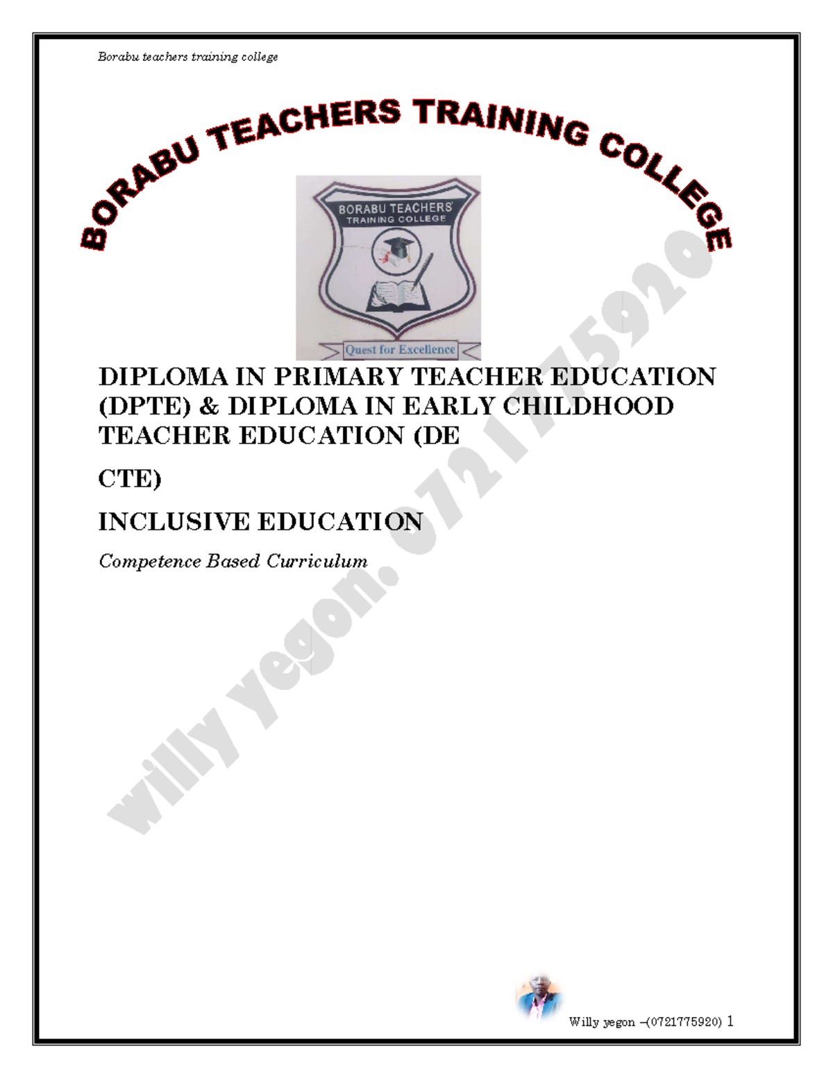 Borabu TTC - Inclusive 1 - DIPLOMA IN PRIMARY TEACHER EDUCATION (DPTE ...