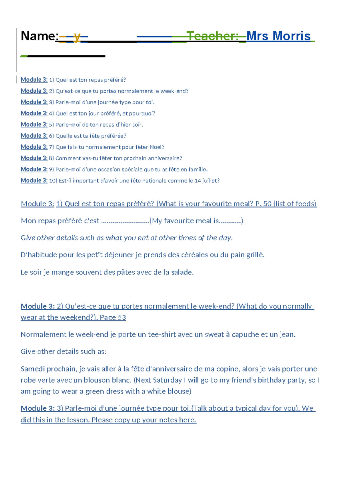 Module 3 Speaking Booklet: French Language Practice Questions - Studocu