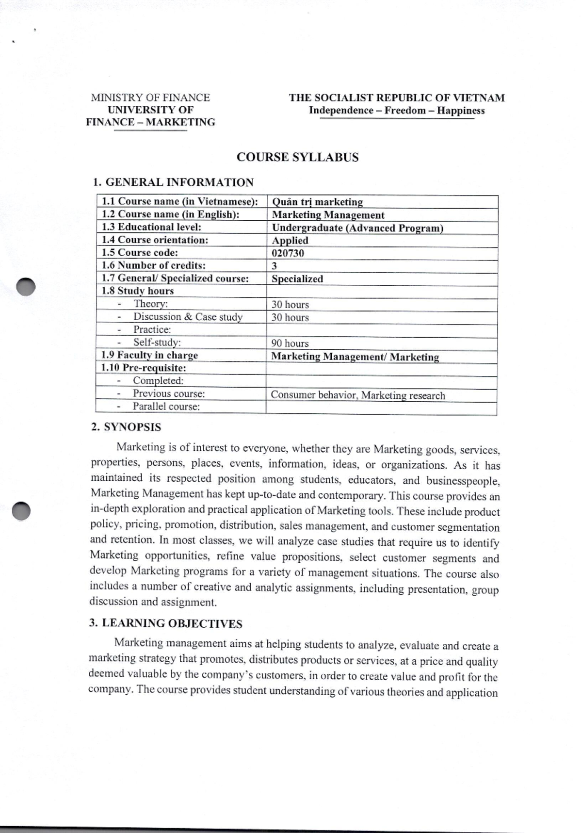 Syllabus 2022 - ĐCCT 020730: Marketing Management Course Overview - Studocu
