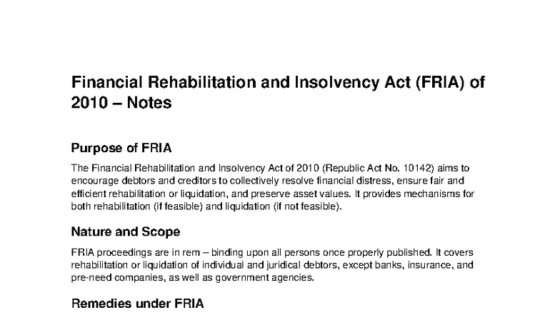FRIA 2010: Financial Rehabilitation and Insolvency Act Notes - Studocu