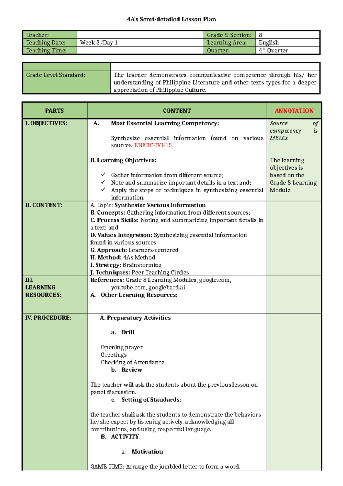 EN8RC-IVi: Synthesize Information Lesson Plan for Grade 8 Students ...