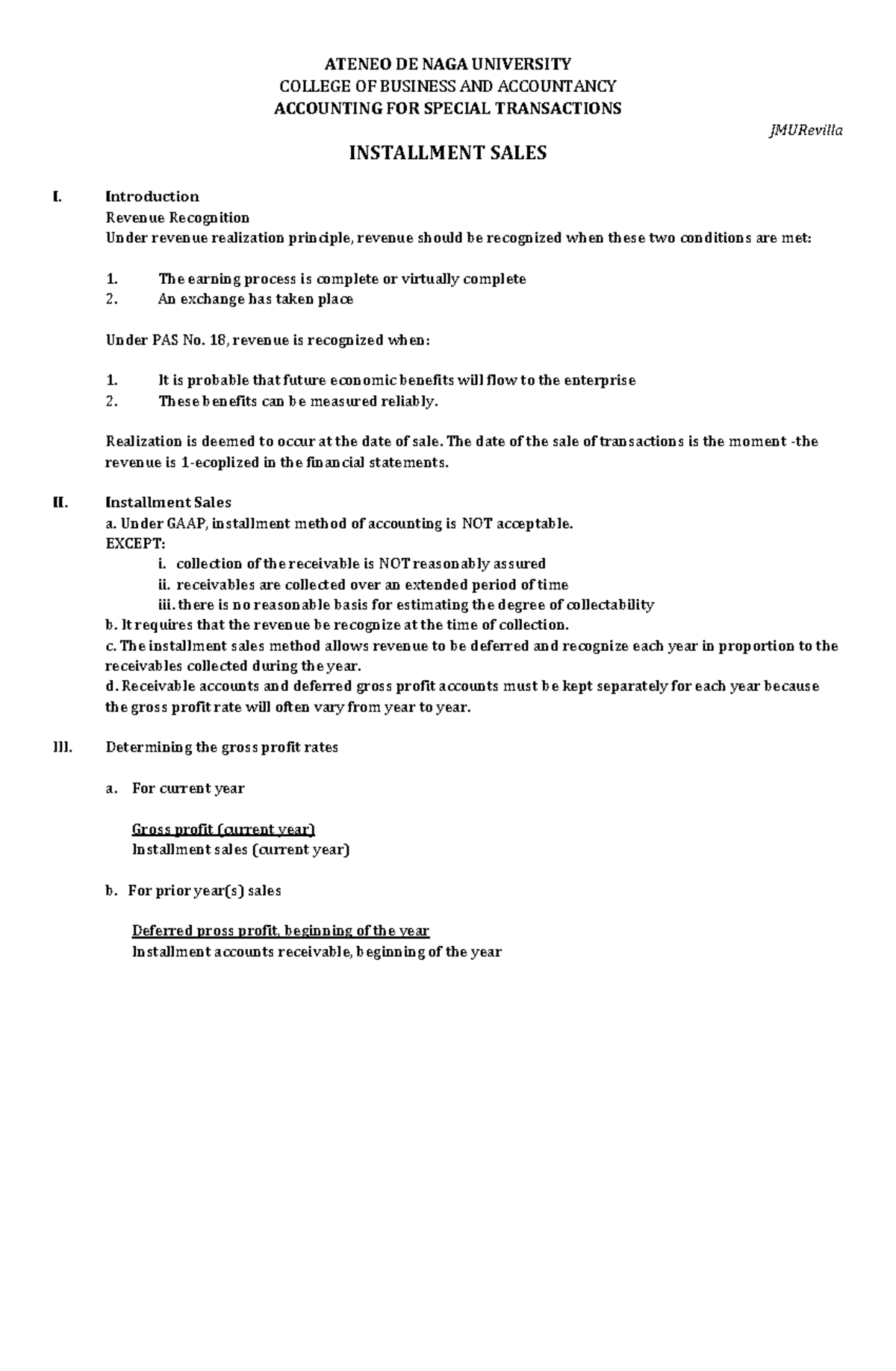 Accounting for Special Transactions: Installment Sales Notes - Studocu