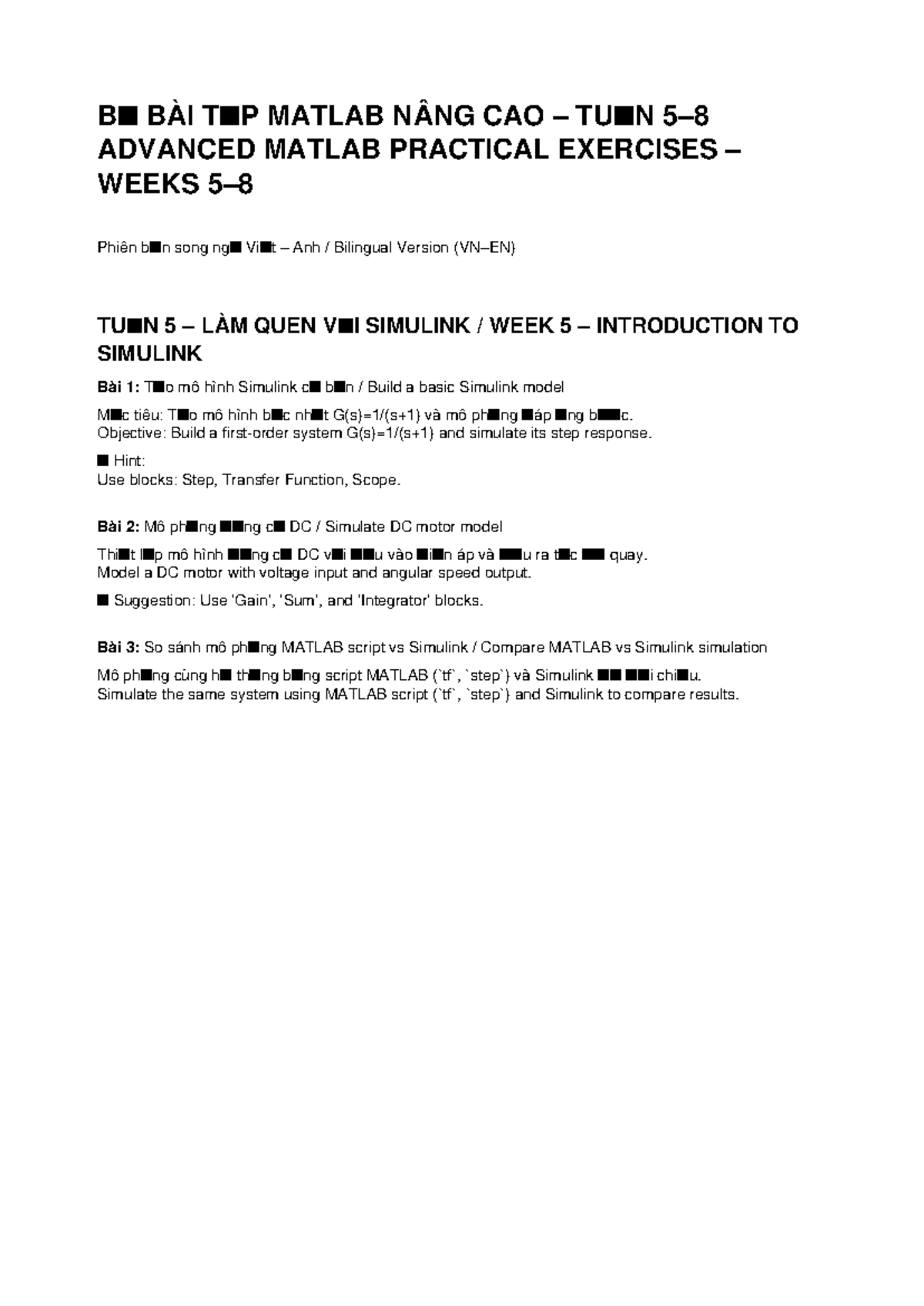 BÀI TẬP MATLAB NÂNG CAO TUẦN 5-8 (BILINGUAL VERSION) - Studocu