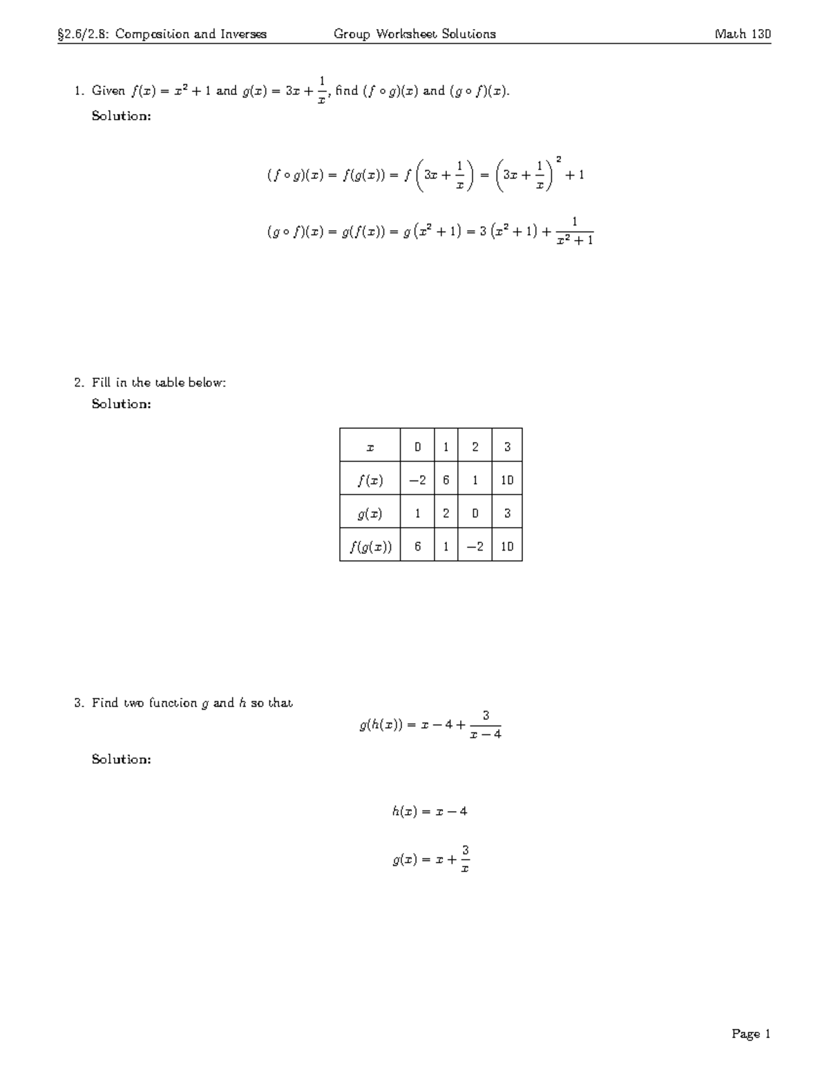 Math 130 Group Worksheet: Composition and Inverses - Studocu