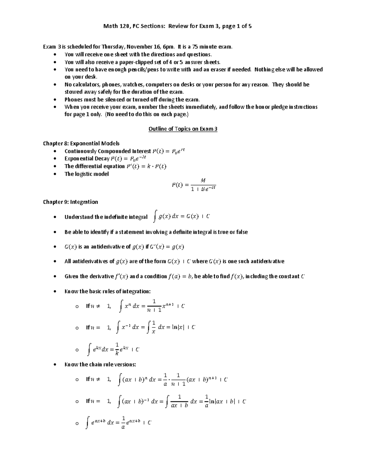 Math 120: FC Sections - Review for Exam 3 Guide - Studocu