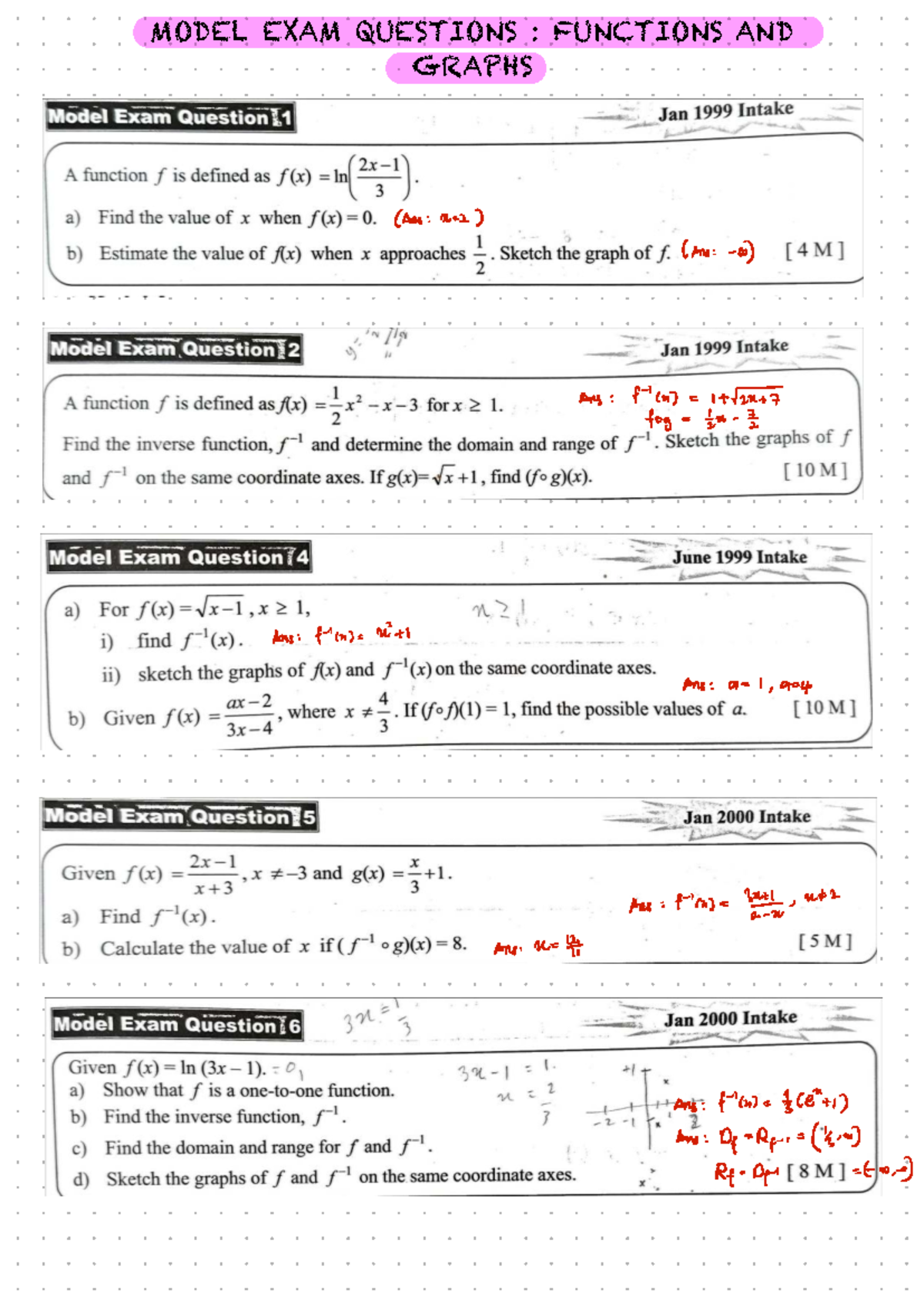 Model Exam Questions: Functions and Graphs (MAT 201) with Answers - Studocu