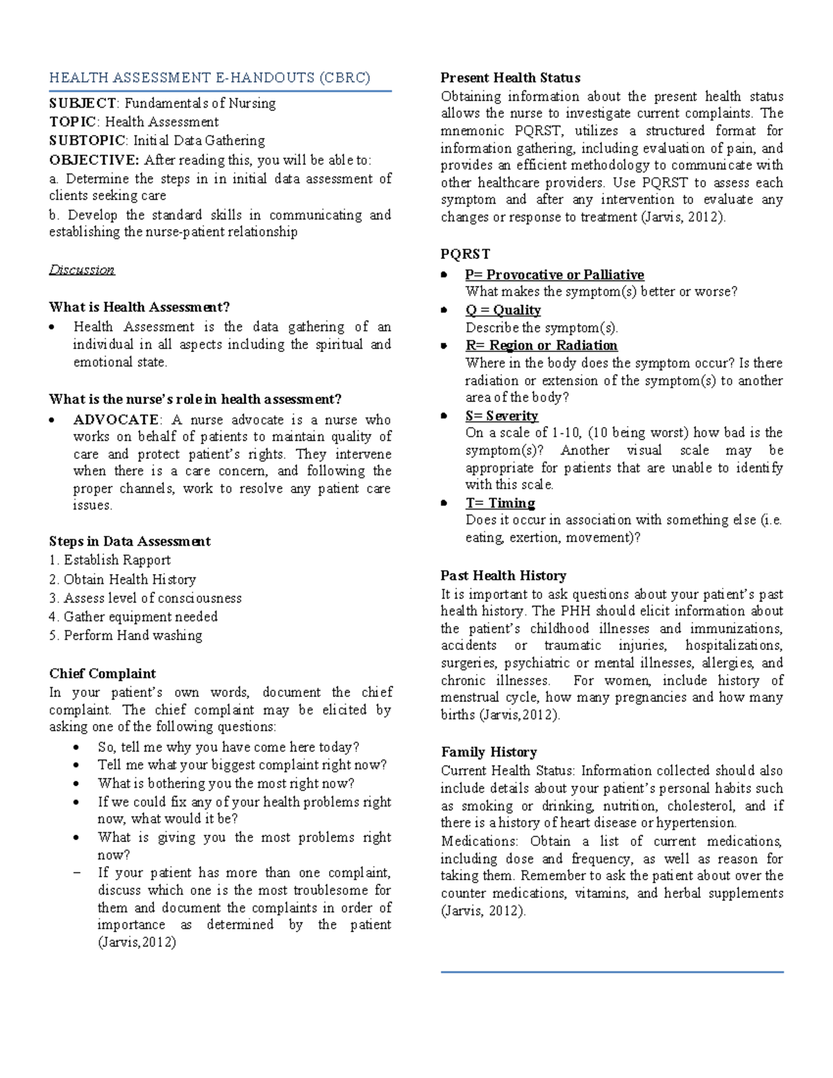 Health Assessment Notes (CBRC): Initial Data Gathering in Nursing - Studocu
