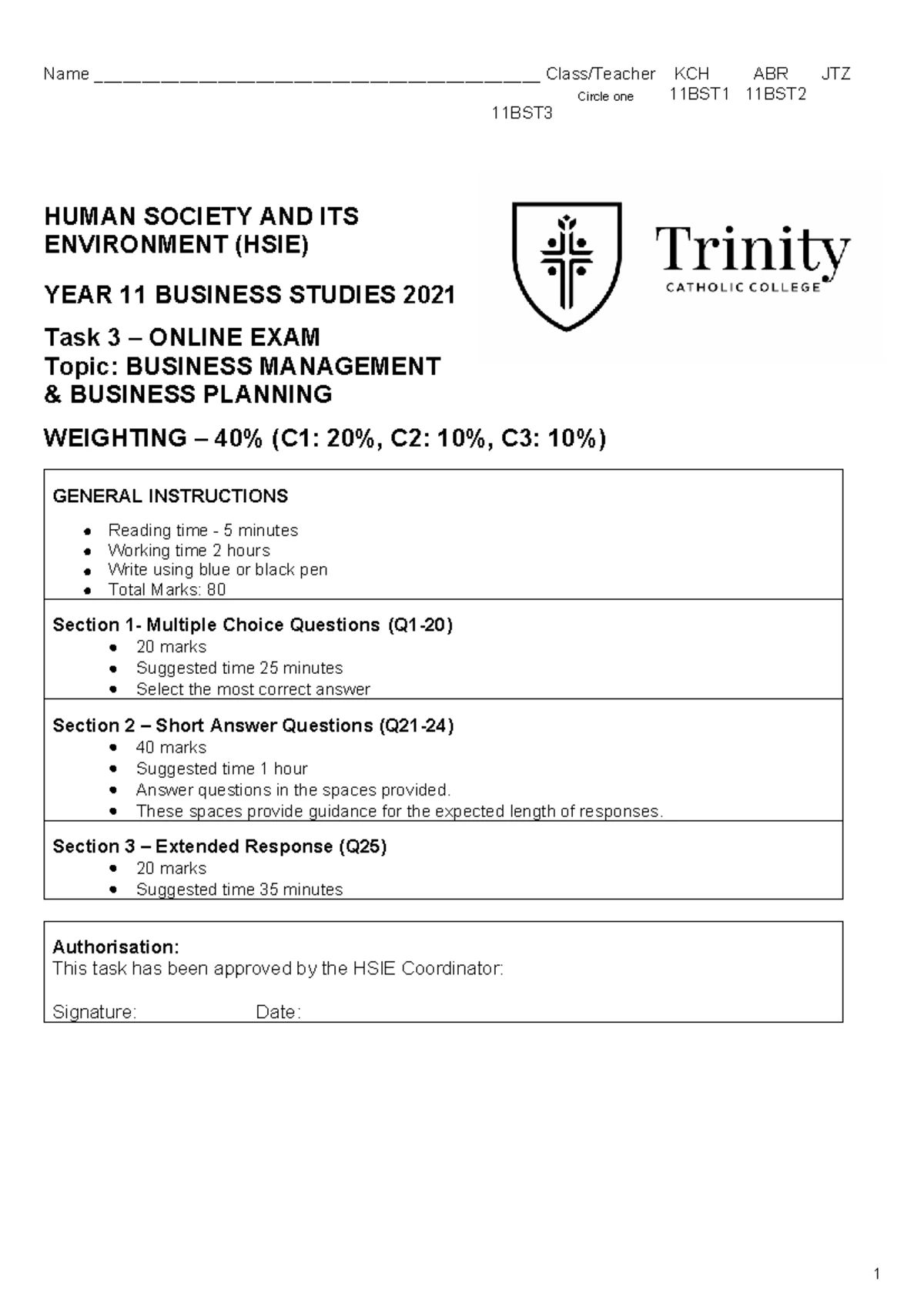 Barker 2012 Business Studies Trial Exam & Answer Sheet - Studocu