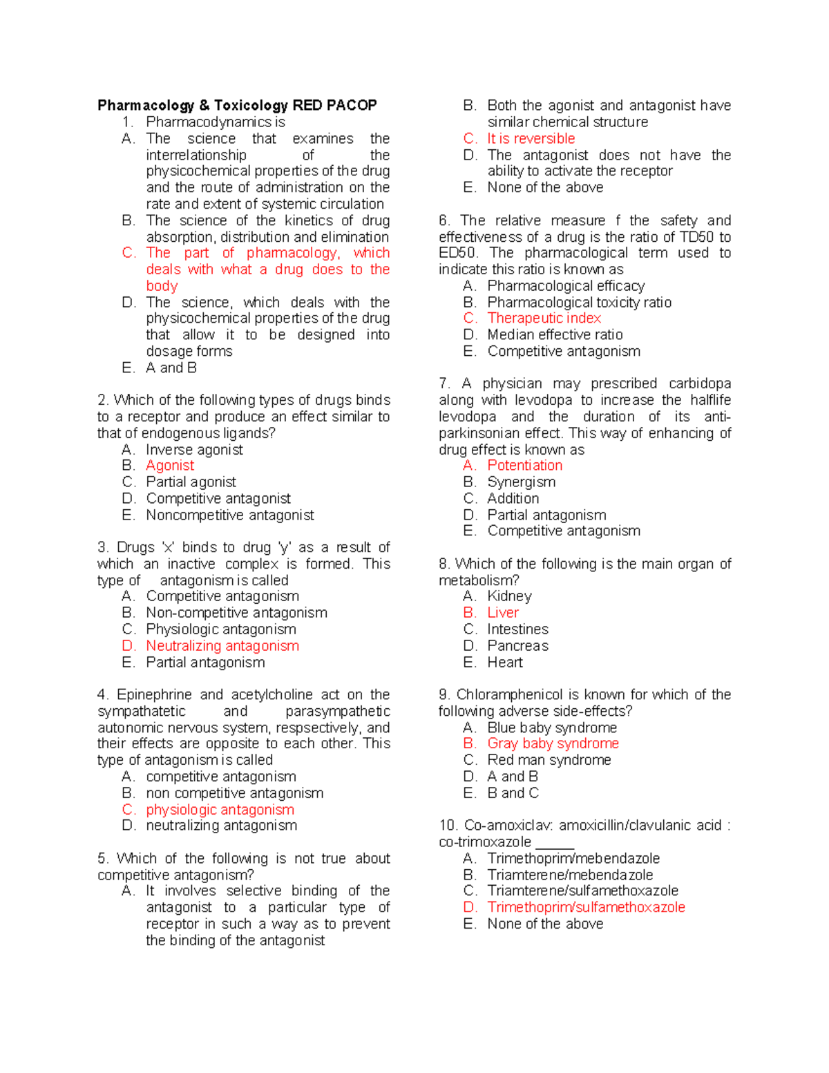 Pcol toxic pacop 1 - Pcol answer - Pharmacology & Toxicology RED PACOP ...