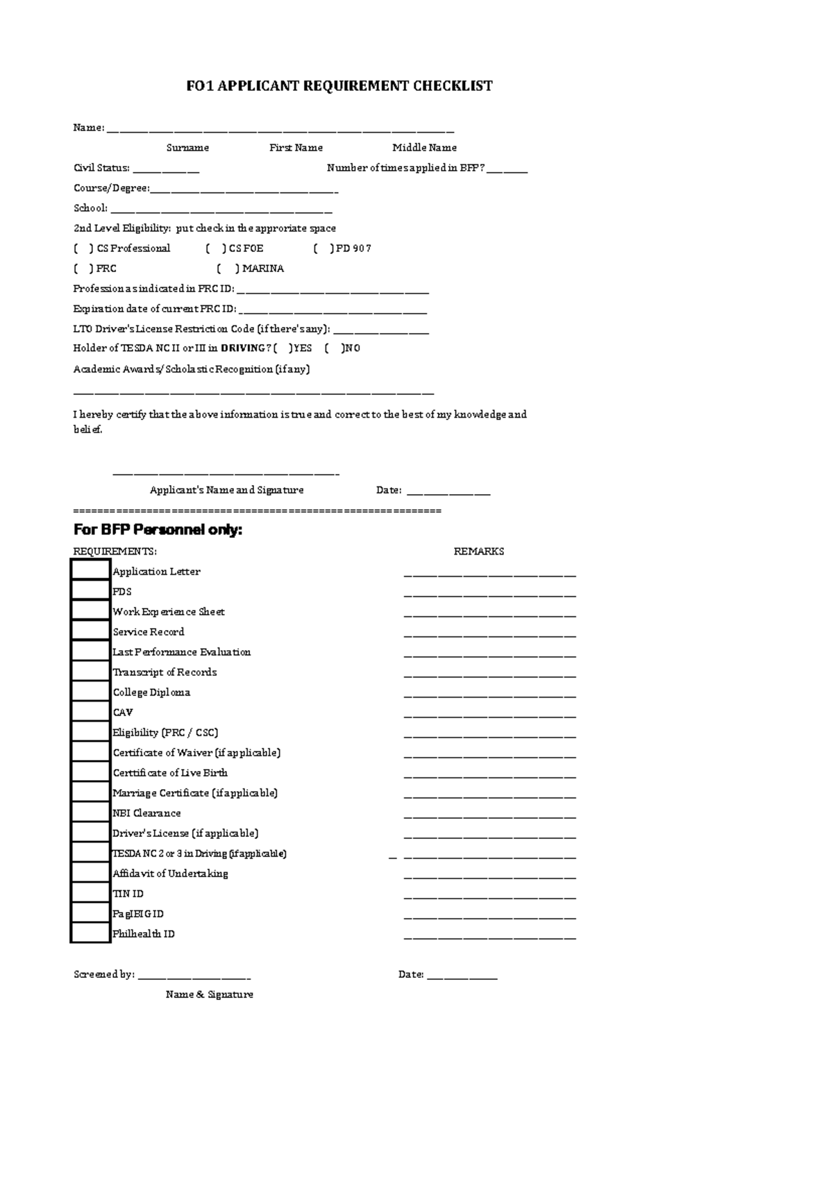 FO1 - Applicant Requirement Checklist for BFP Application - Studocu