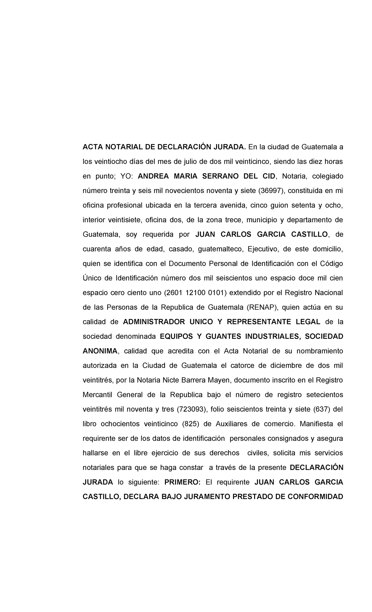 ACTA NOTARIAL DE DECLARACIÓN JURADA - JUAN CARLOS GARCIA CASTILLO - Studocu