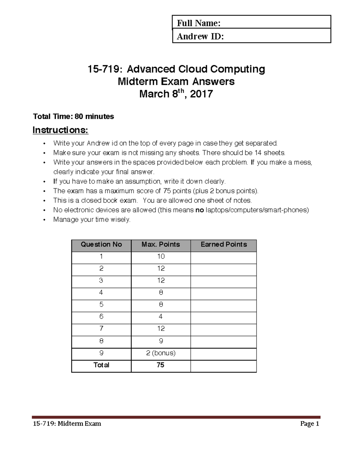 S17 15719 Midterm Exam 1 ans - 15 - 719 : Advanced Cloud Computing ...