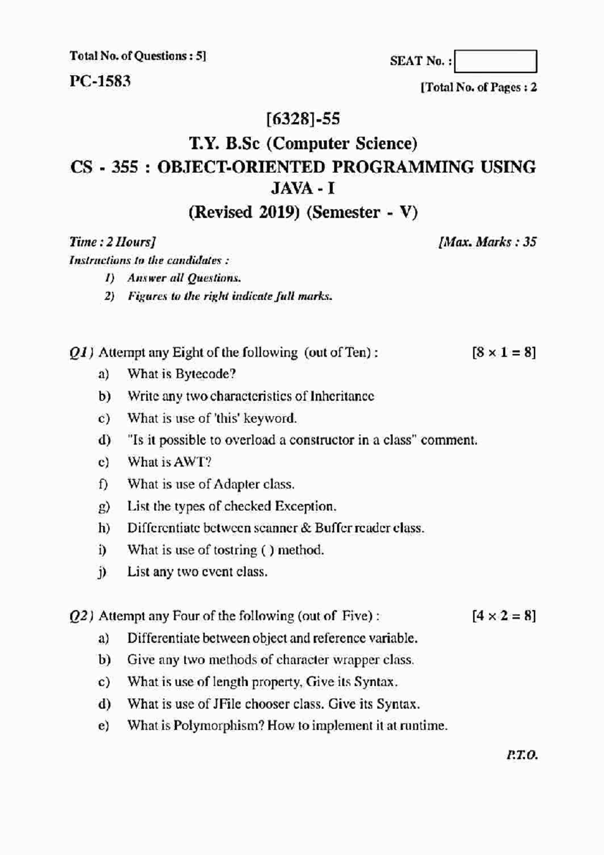 T.Y. B.Sc. (Computer Science) CS 355: Previous Year Question Paper on ...