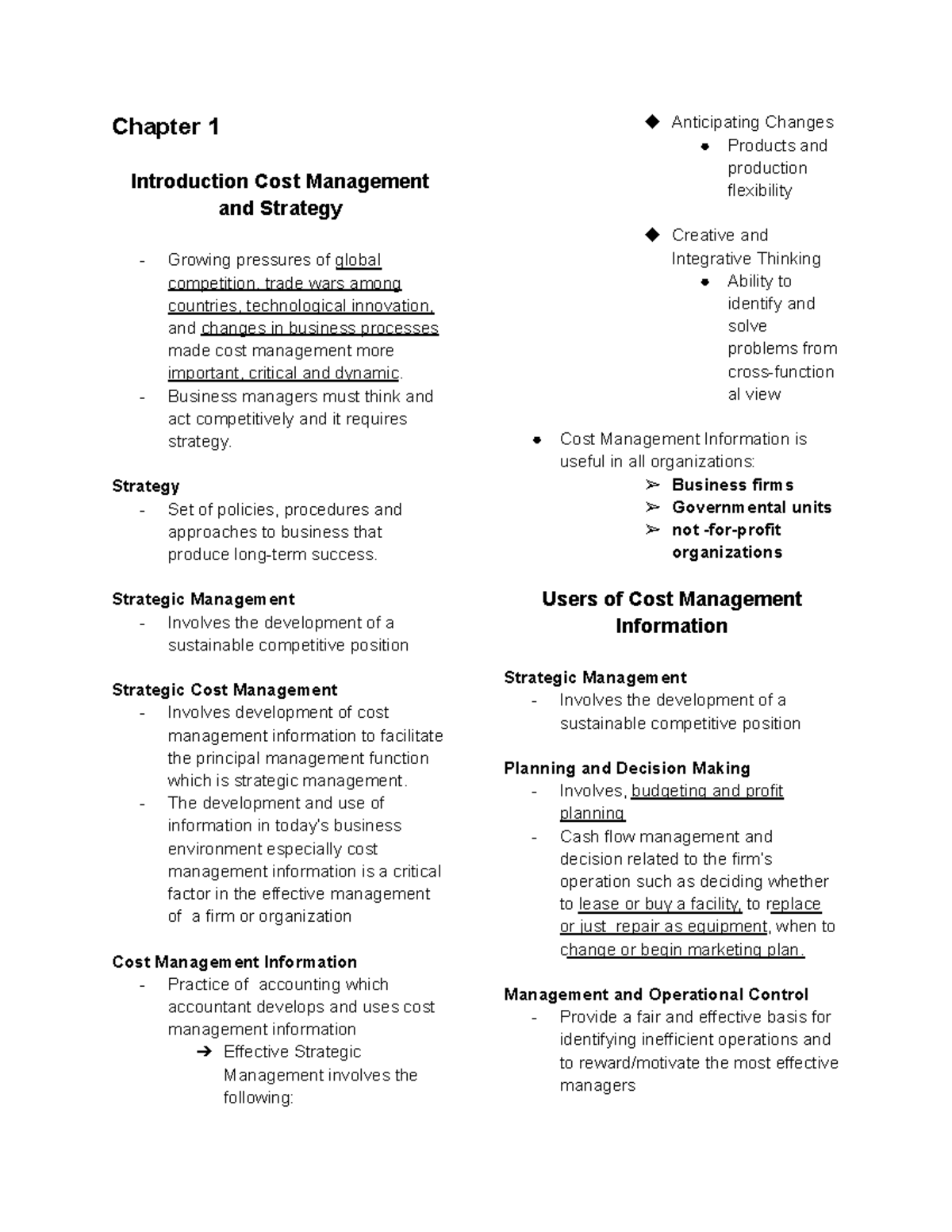 Strat Cost - Chapter 1 notes - Chapter 1 Introduction Cost Management ...