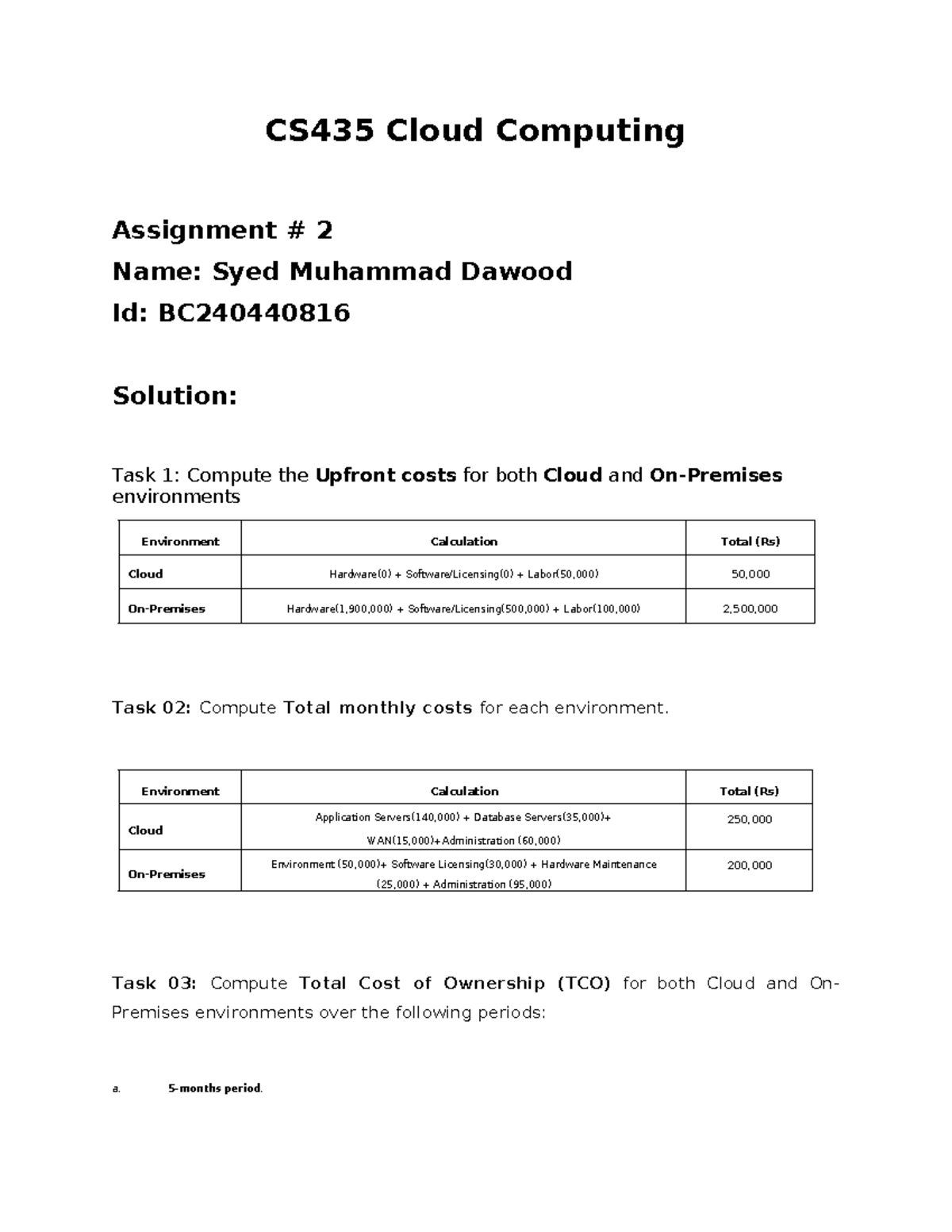 CS435 Cloud Computing Assignment 2: Cost Analysis Solutions - Studocu
