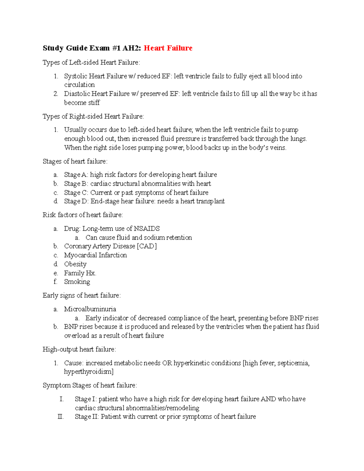 Study Guide for Exam 1 AH2: Understanding Heart Failure Concepts - Studocu