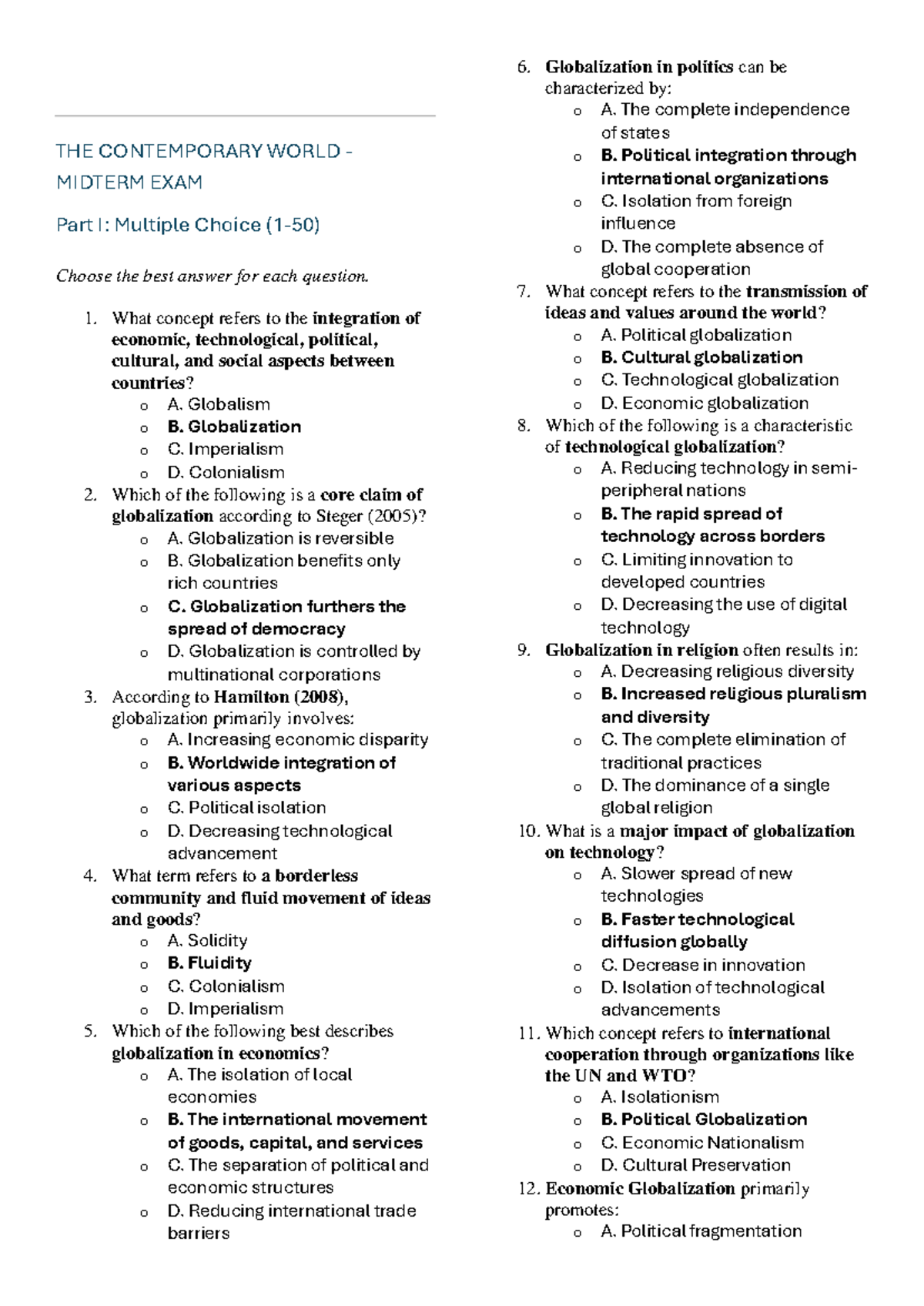 TCW 101: Contemporary World Midterm Exam Practice Quiz - Studocu