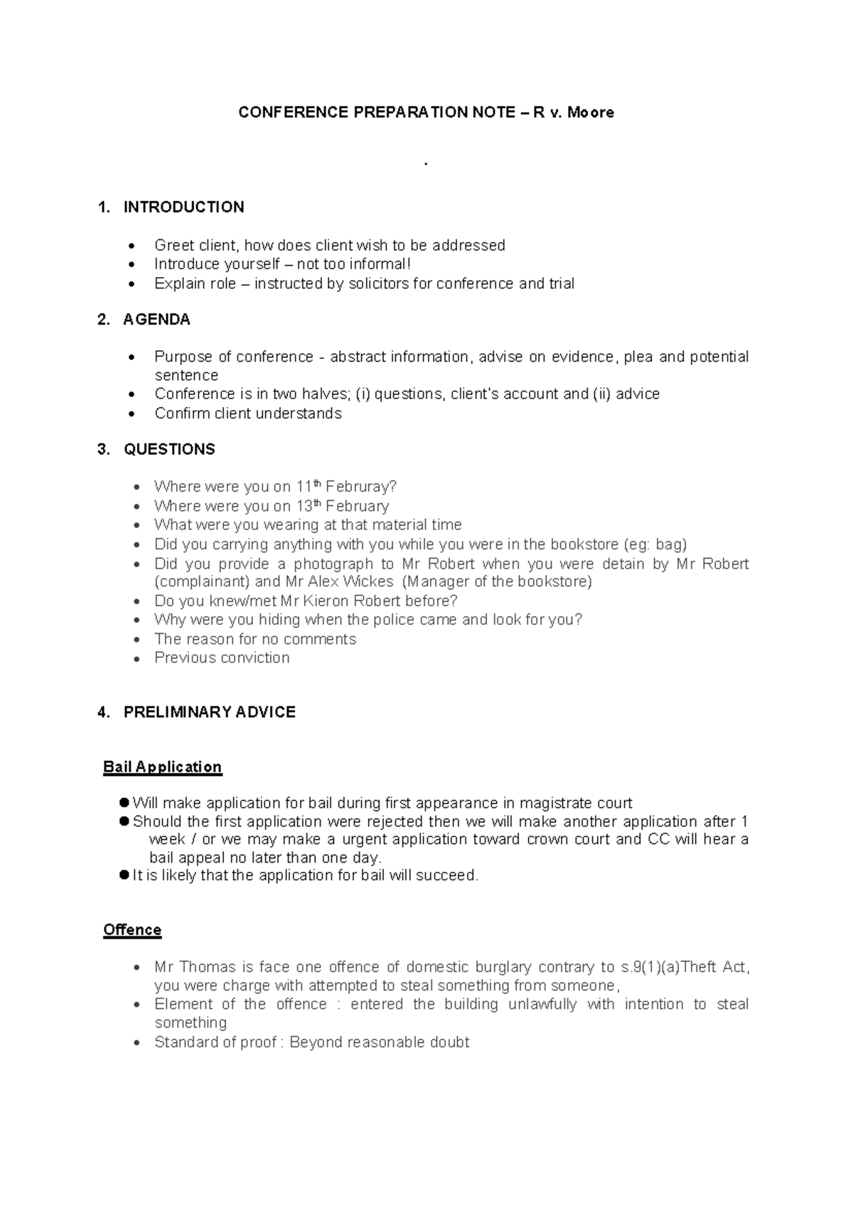 Preparation Note for Conference: R v. Moore - Workshop 11 - Studocu